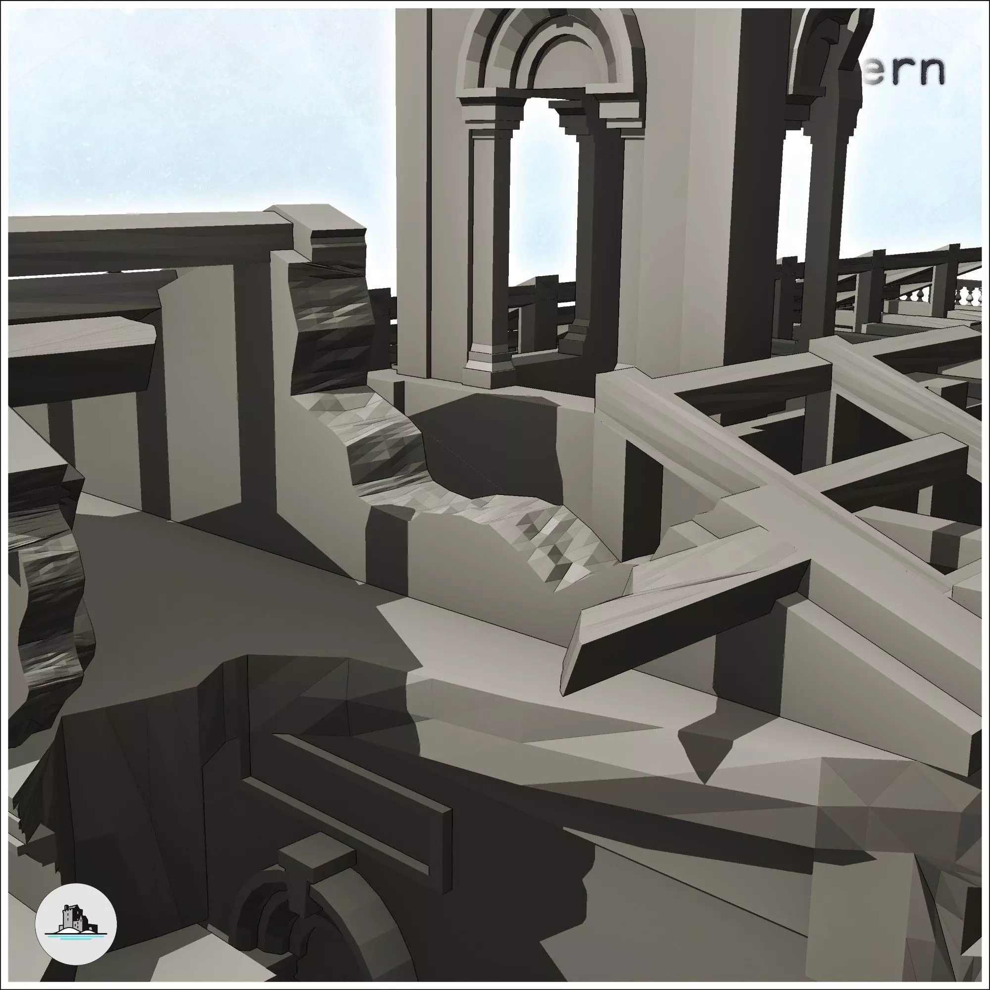 Ruined neo-classical public administration building with pedimen 3D print model_6