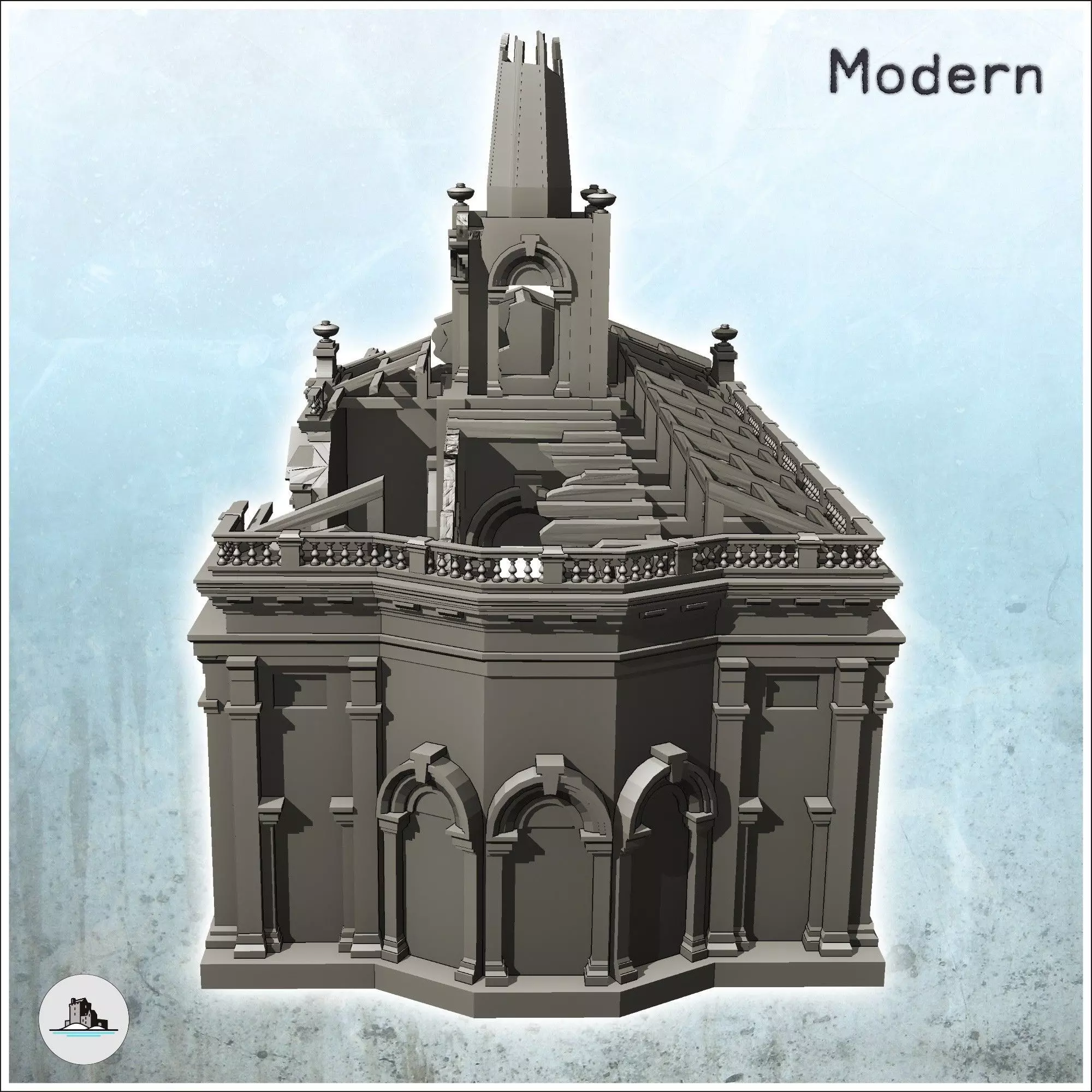 Ruined neo-classical public administration building with pedimen 3D print model_3