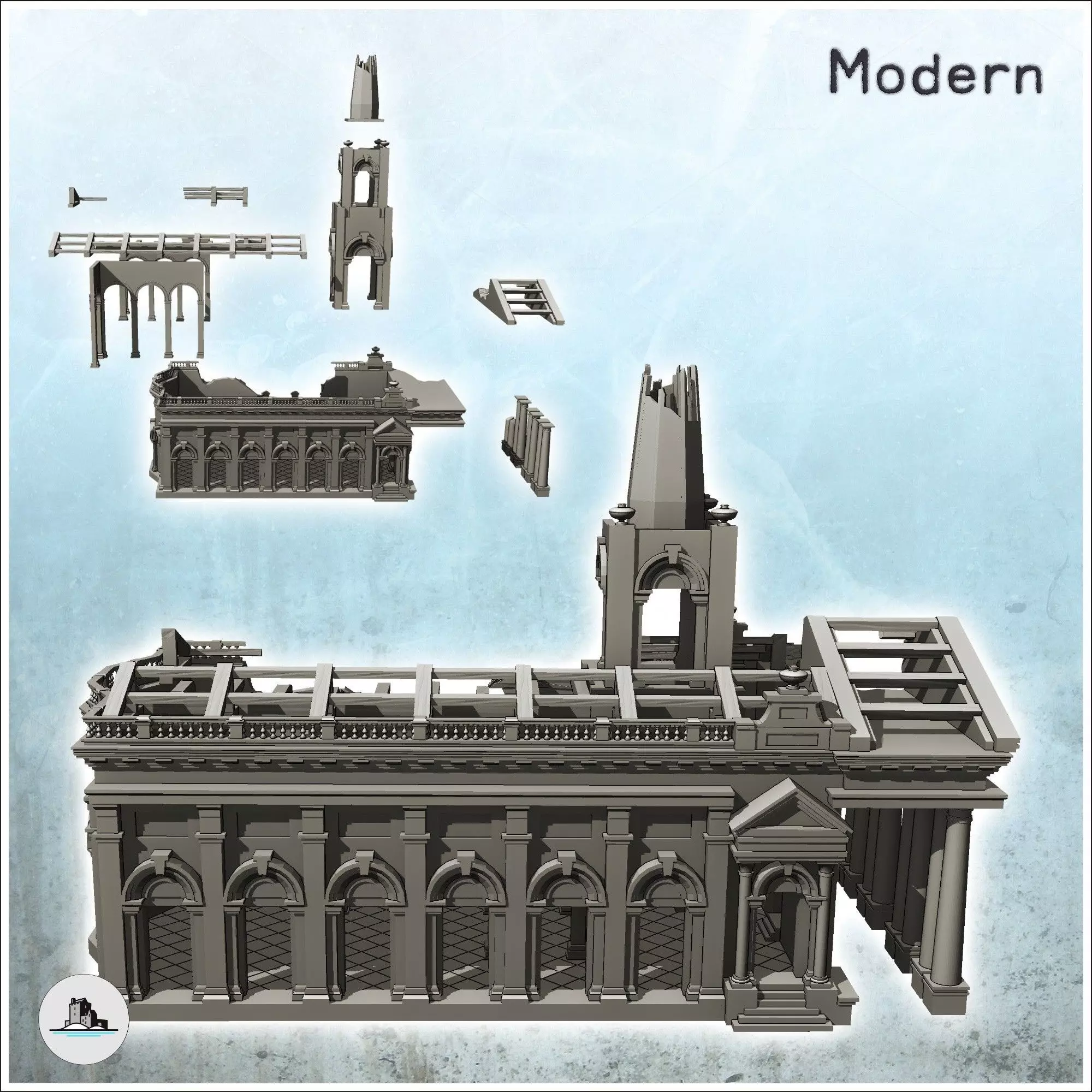 Ruined neo-classical public administration building with pedimen 3D print model_2