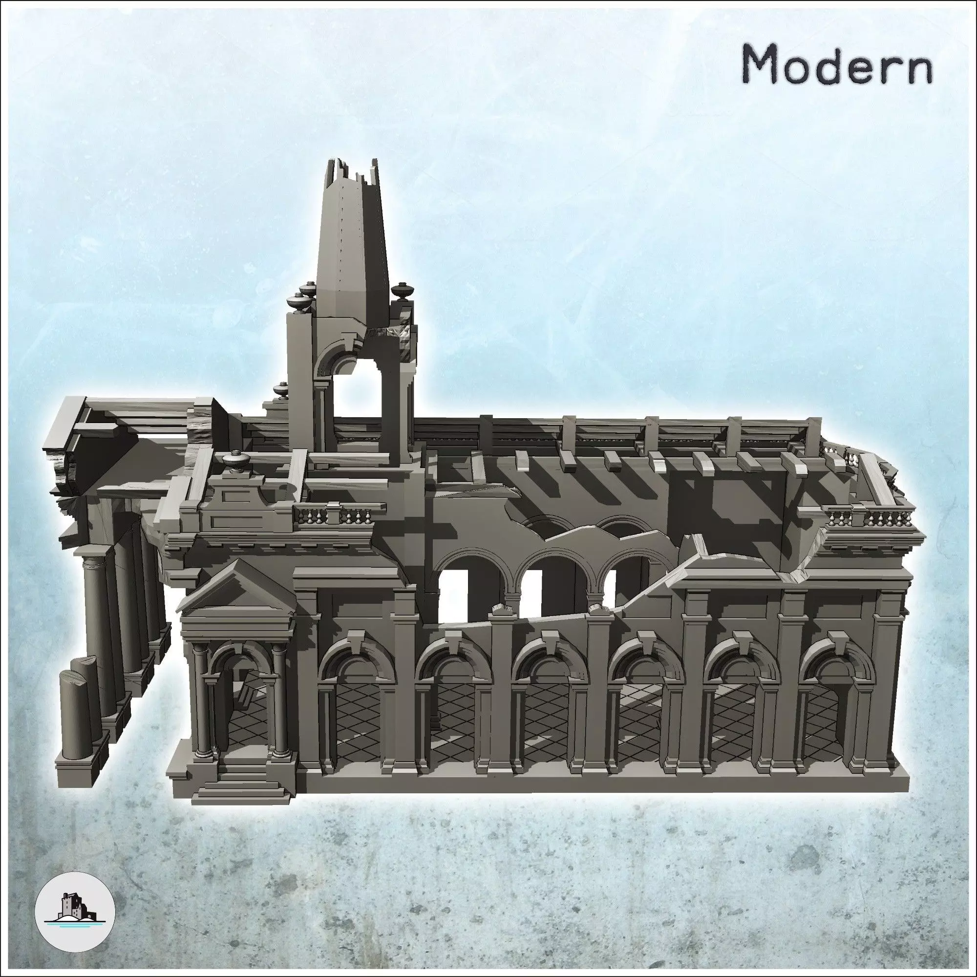 Ruined neo-classical public administration building with pedimen 3D print model_4