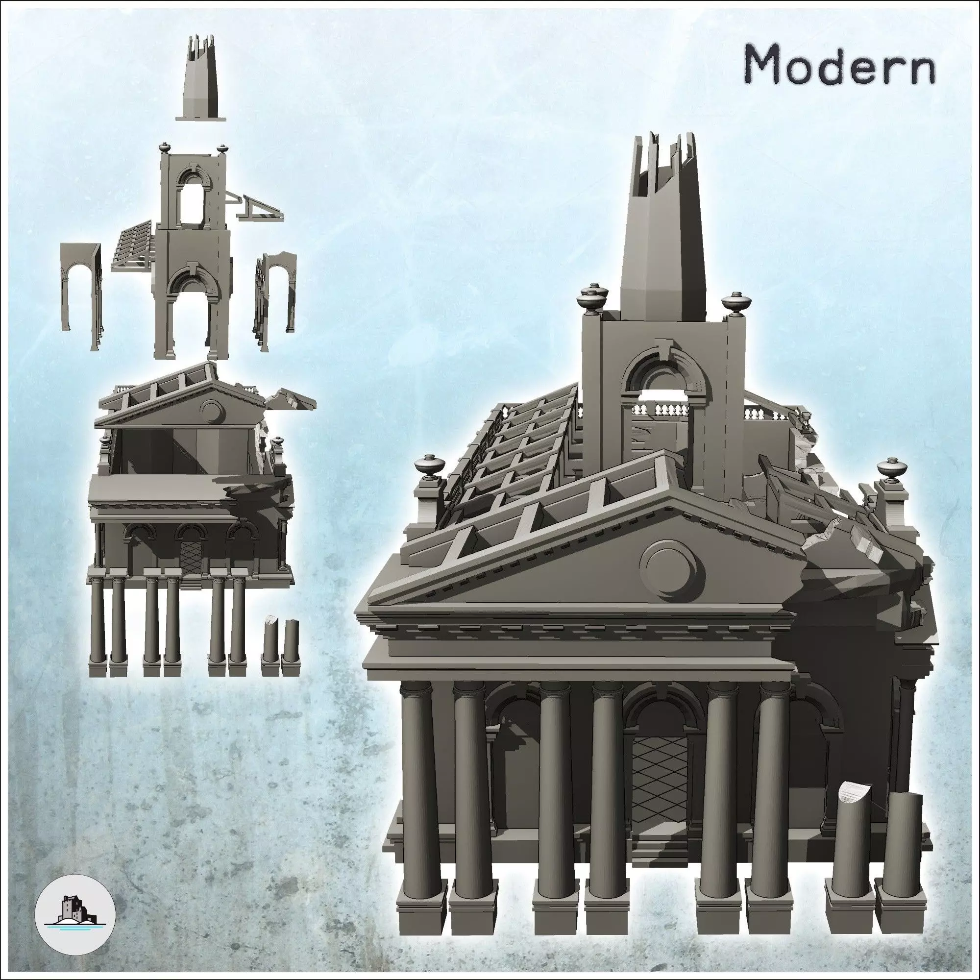 Ruined neo-classical public administration building with pedimen 3D print model_1