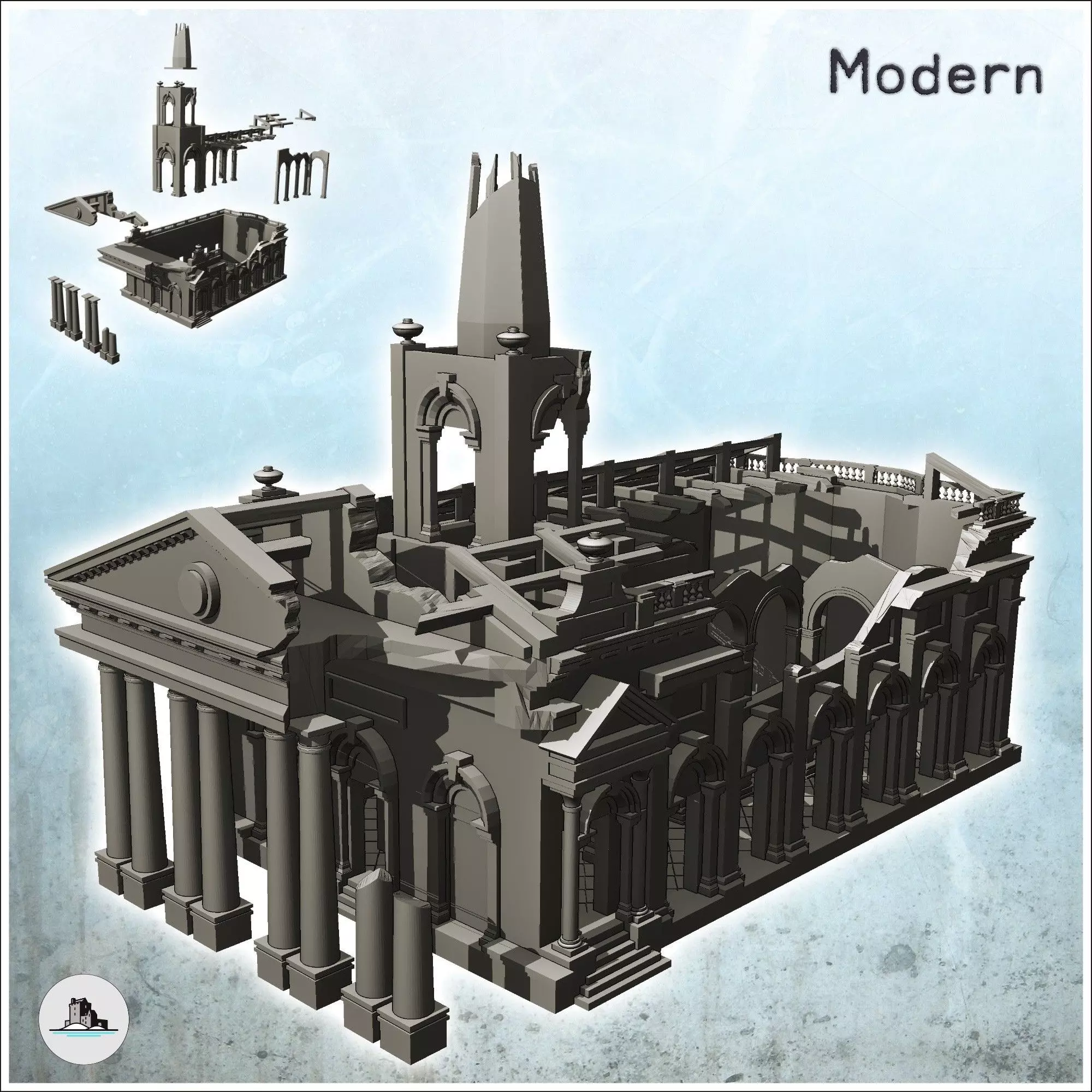 Ruined neo-classical public administration building with pedimen 3D print model_0