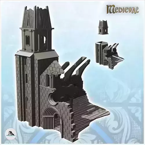 Ruined church with door and damaged bell tower 22 - Modern WW2 W