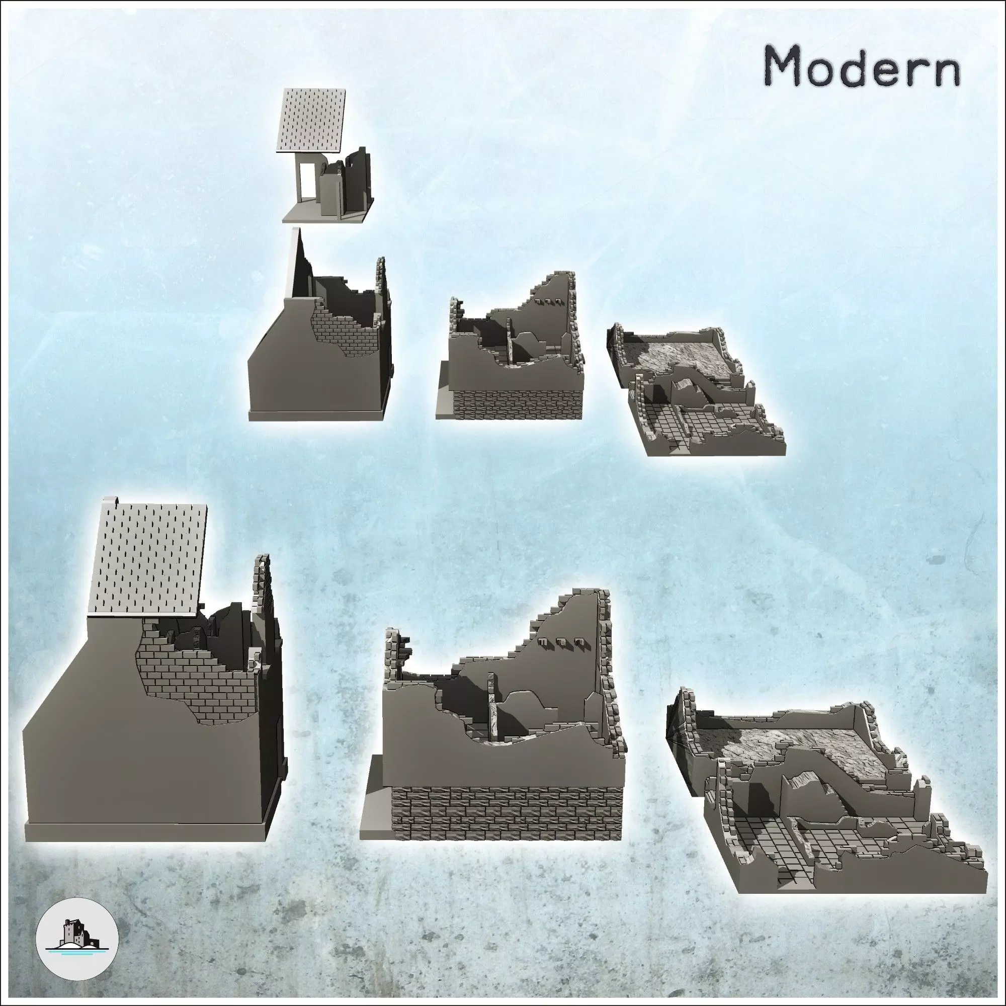 Set of four ruined buildings with rubble and tile roof 26 - Mode 3D print model_1