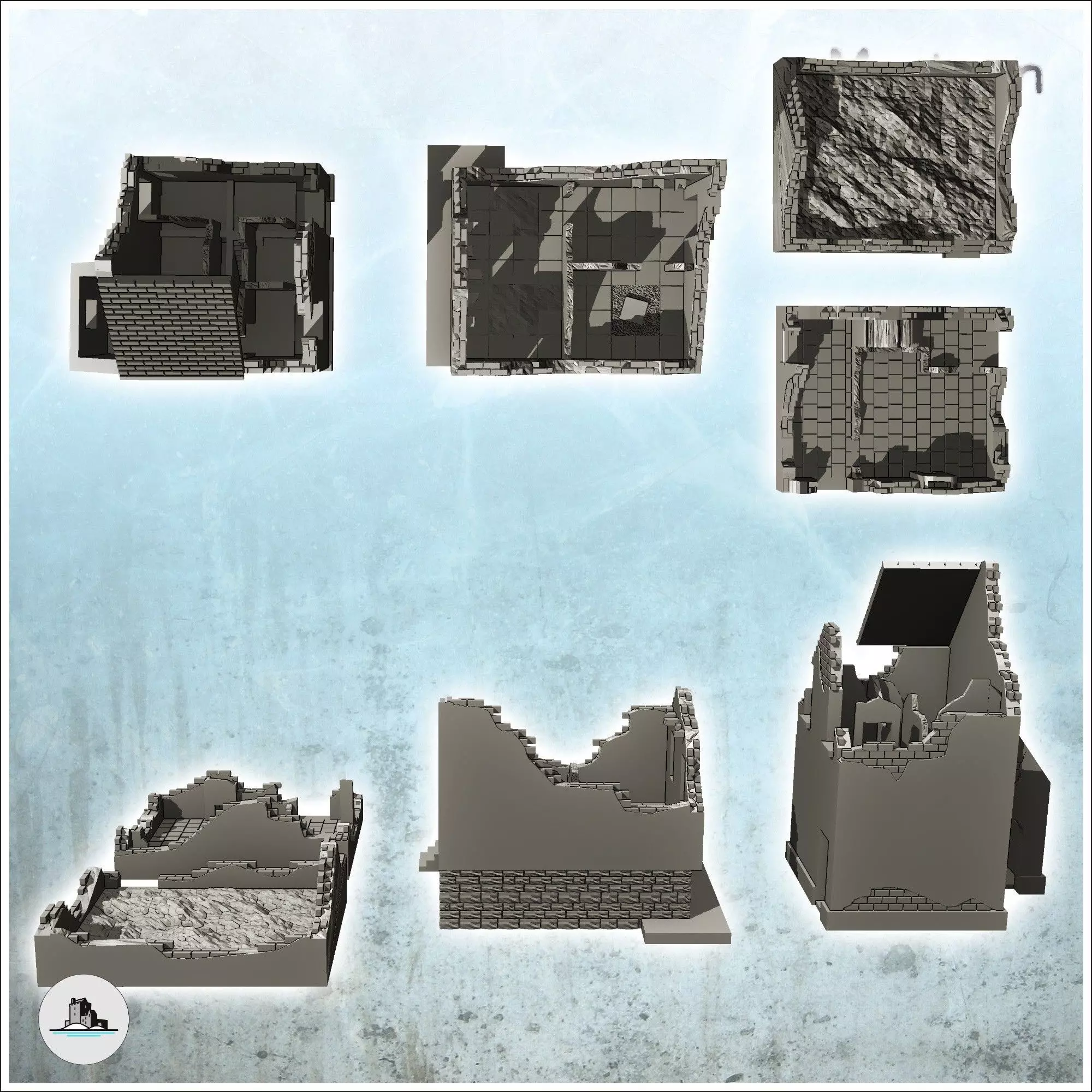 Set of four ruined buildings with rubble and tile roof 26 - Mode 3D print model_3