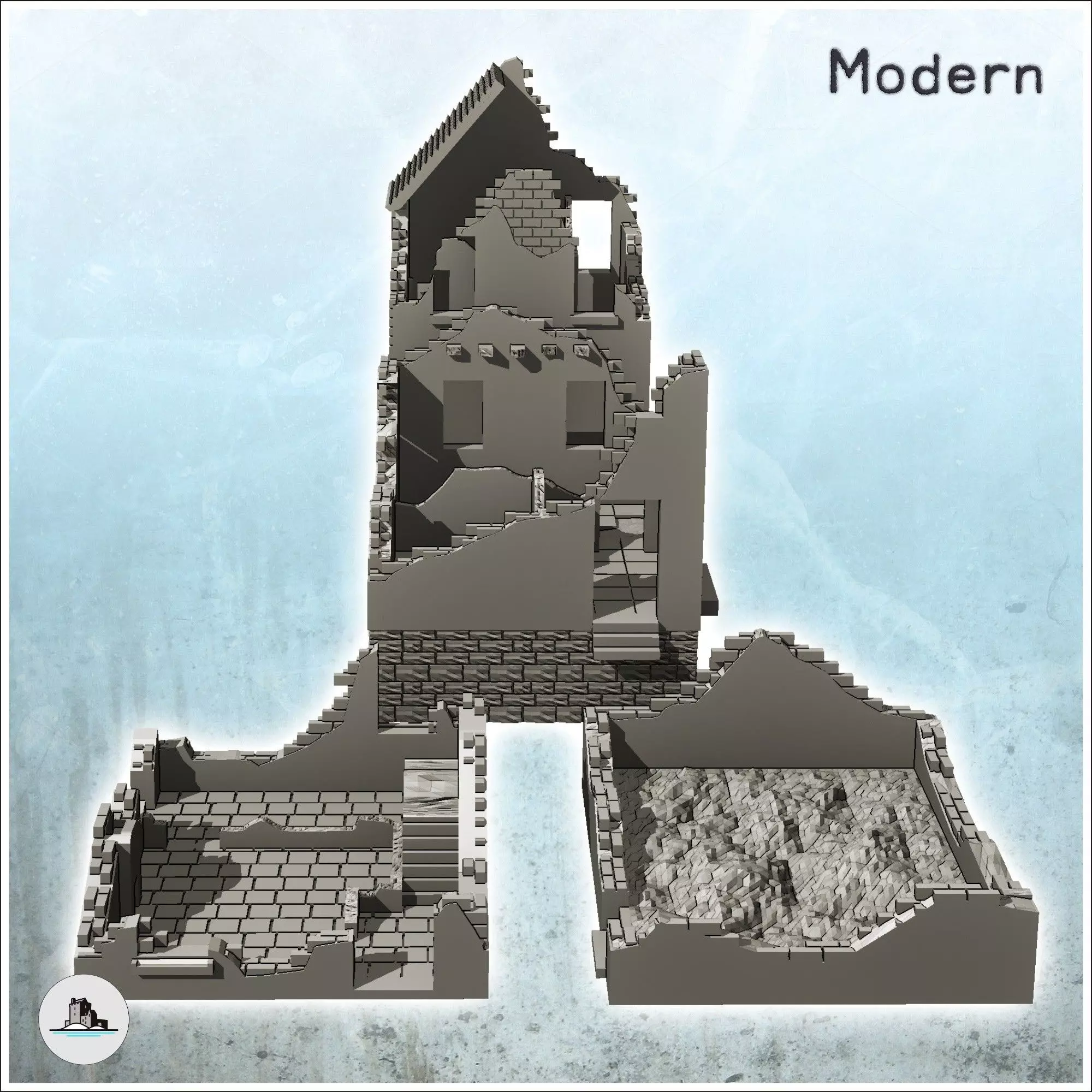 Set of four ruined buildings with rubble and tile roof 26 - Mode 3D print model_4