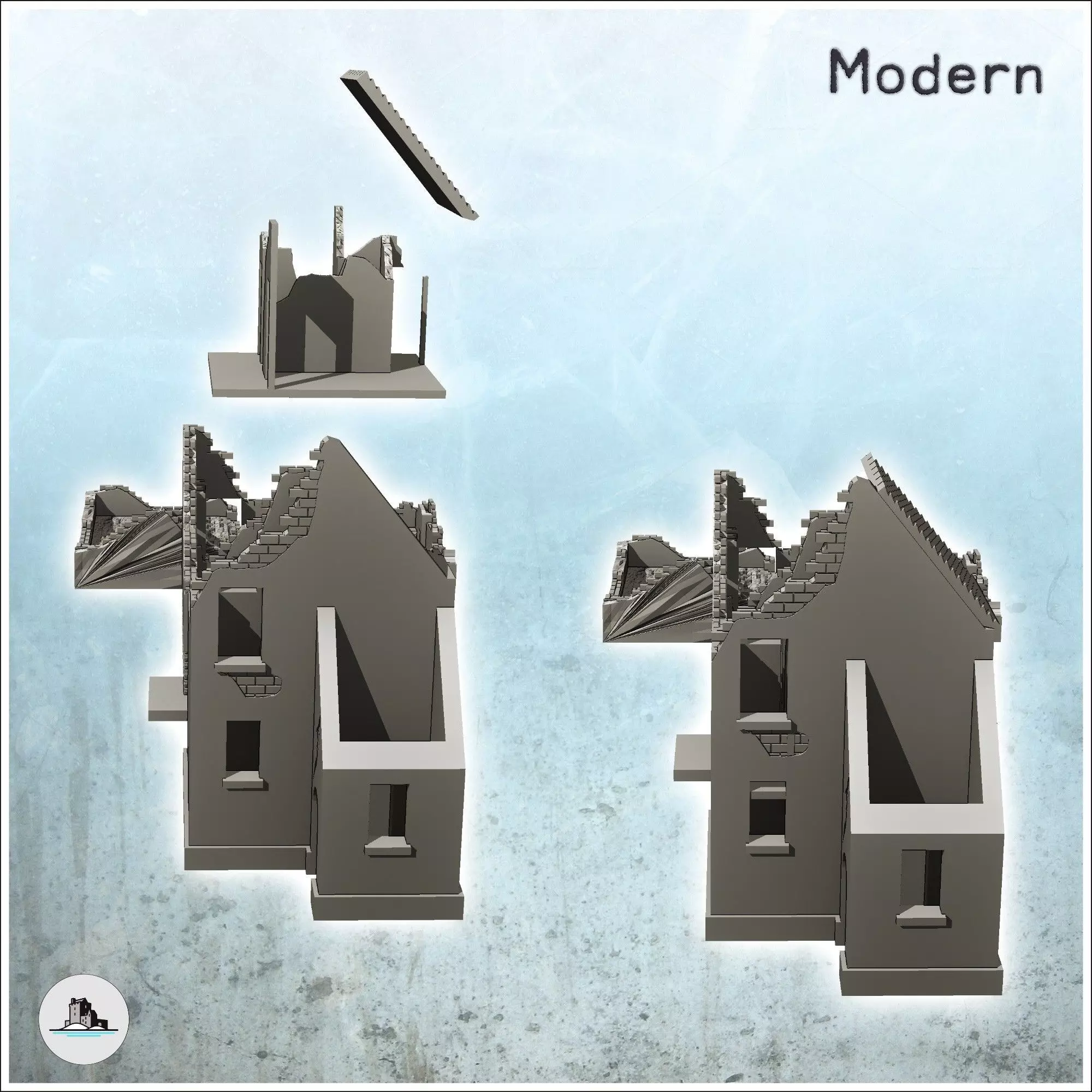 Set of four ruined buildings with rubble and tile roof 26 - Mode 3D print model_2