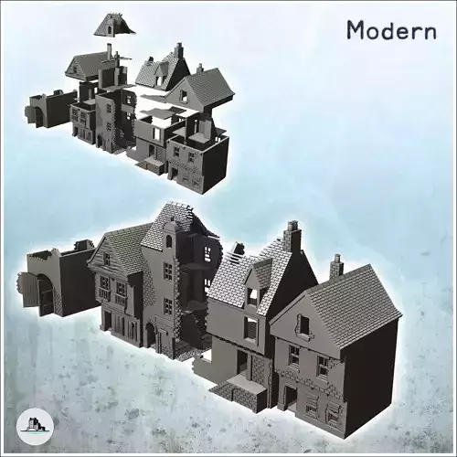 Set of five ruined buildings with tile roof and floors 27 - Mode