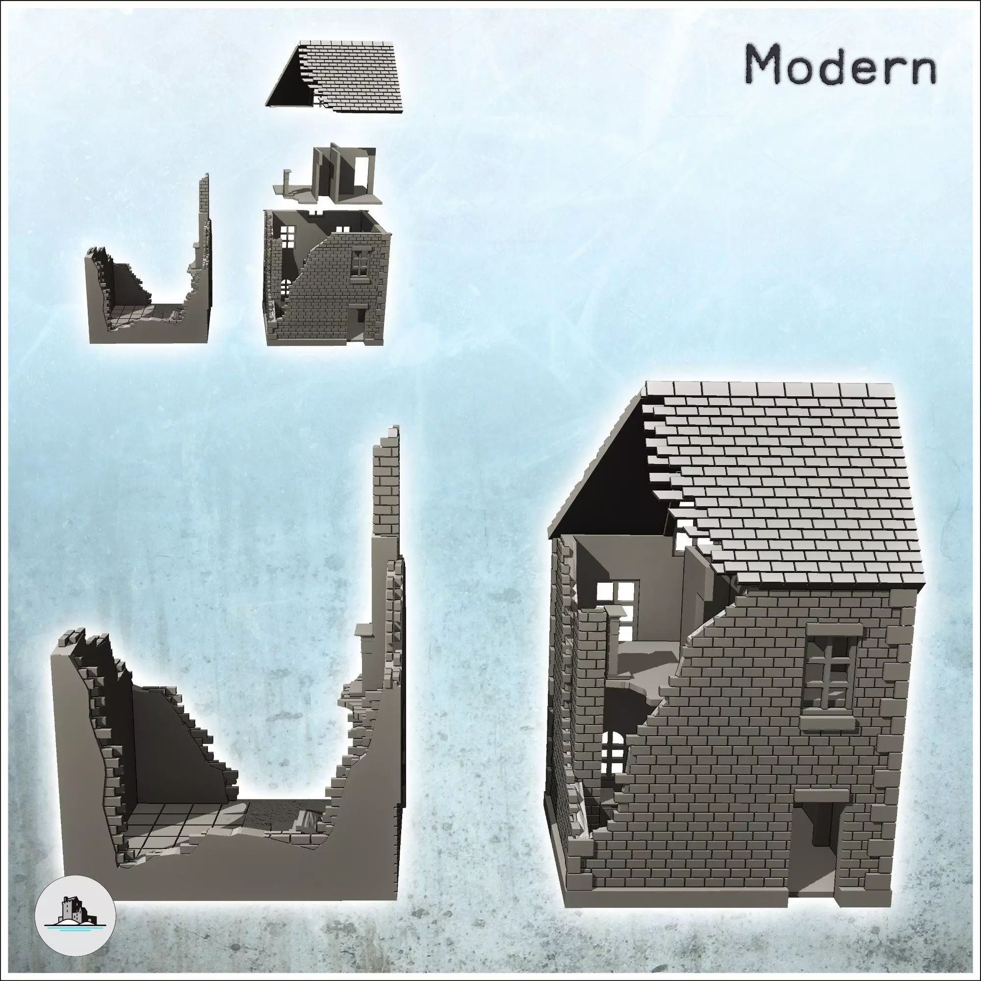 Set of two brick buildings with floors 28 - Modern WW2 WW1 World 3D print model_1