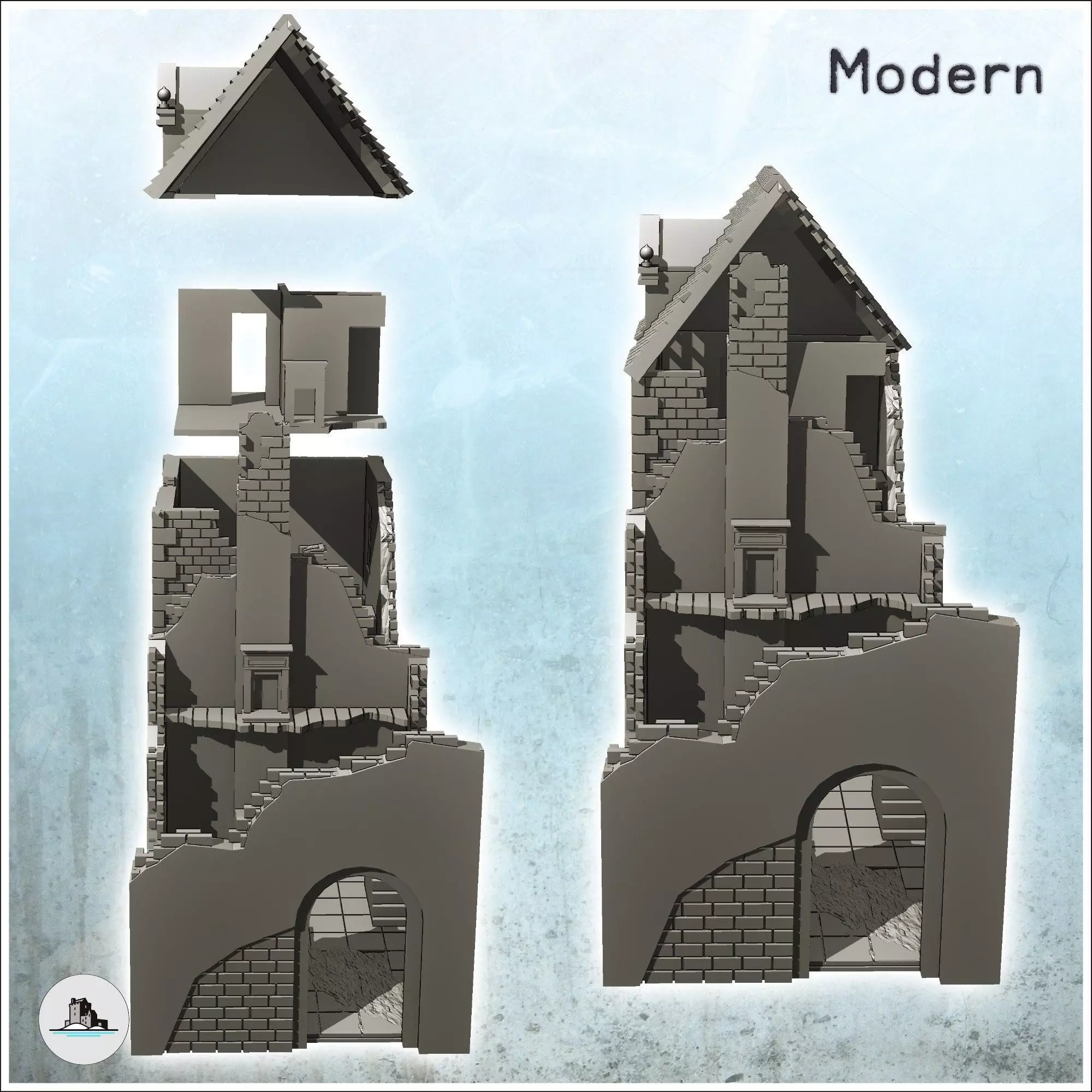 Set of two brick buildings with floors 28 - Modern WW2 WW1 World 3D print model_2