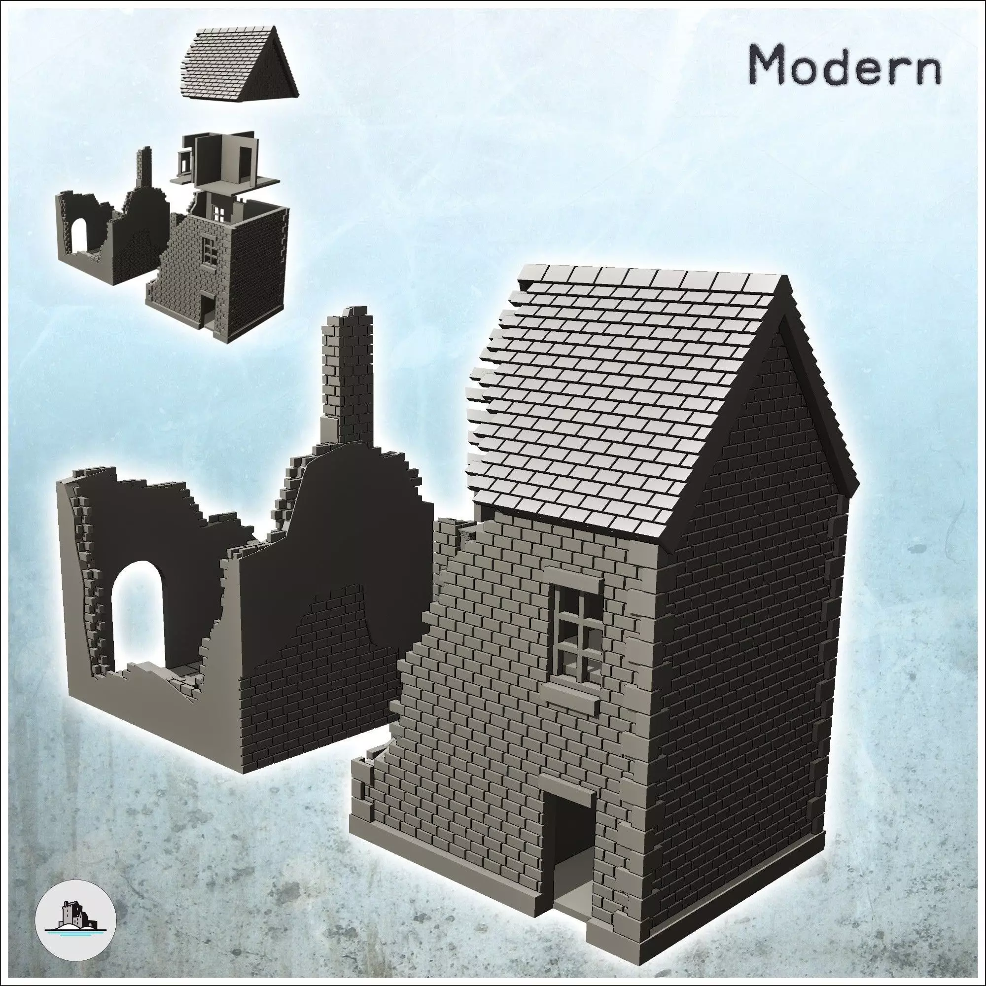 Set of two brick buildings with floors 28 - Modern WW2 WW1 World 3D print model_0