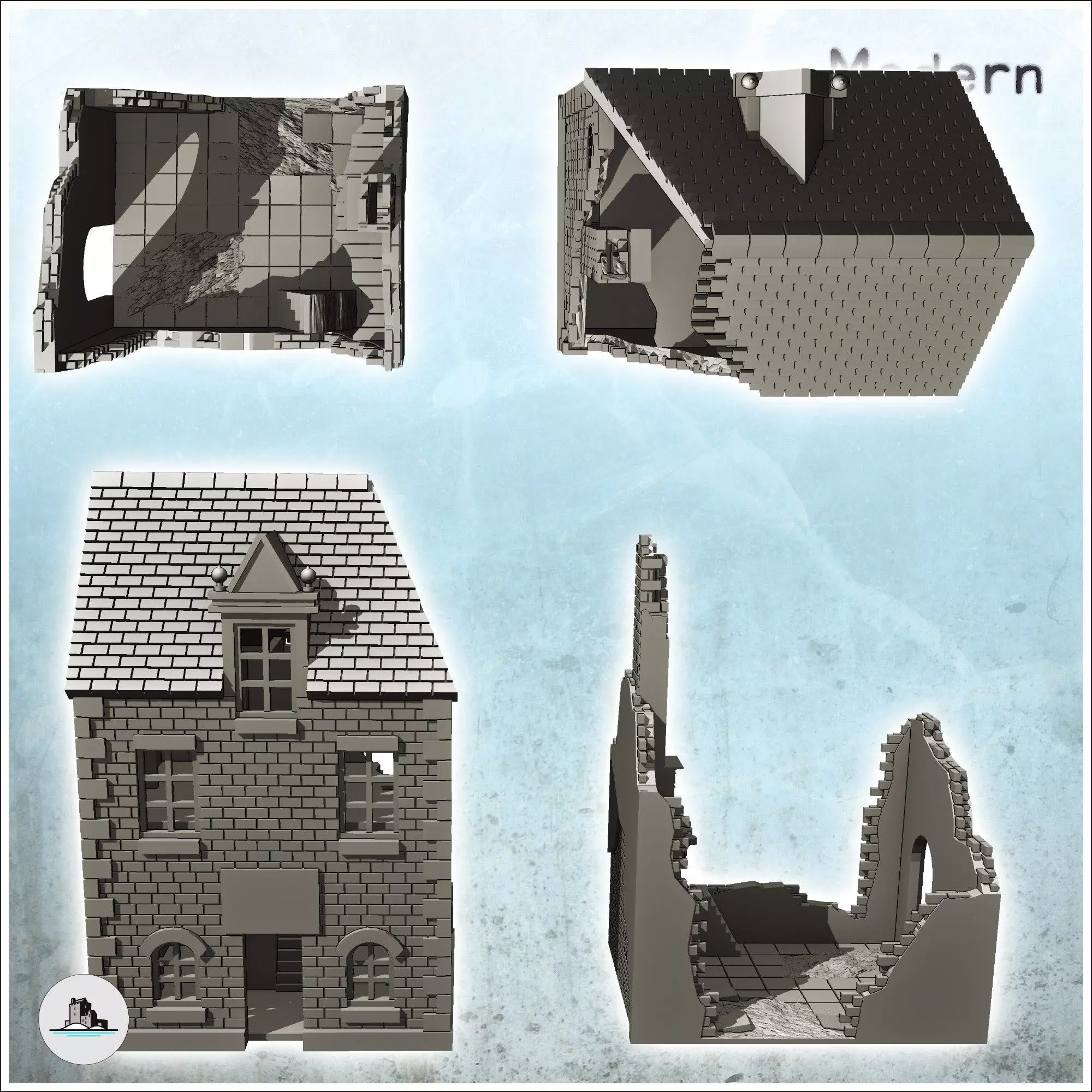Set of two brick buildings with floors 28 - Modern WW2 WW1 World 3D print model_3
