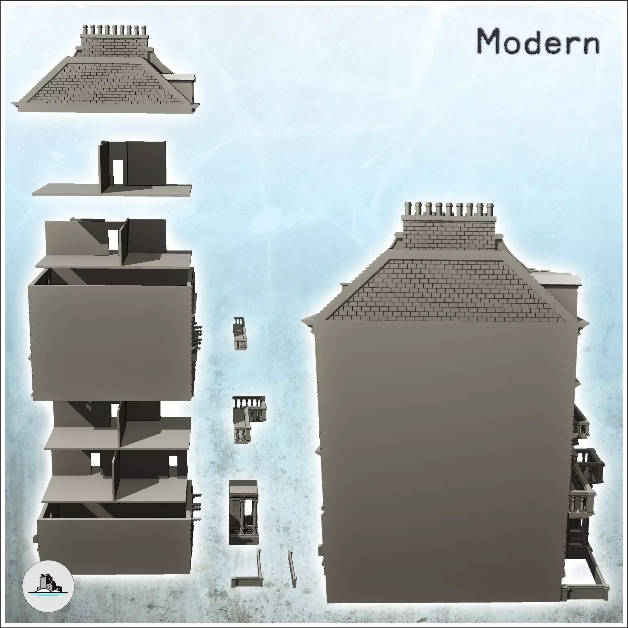 Large modern building with balcony and chimneys with low wall 30 3D print model_2