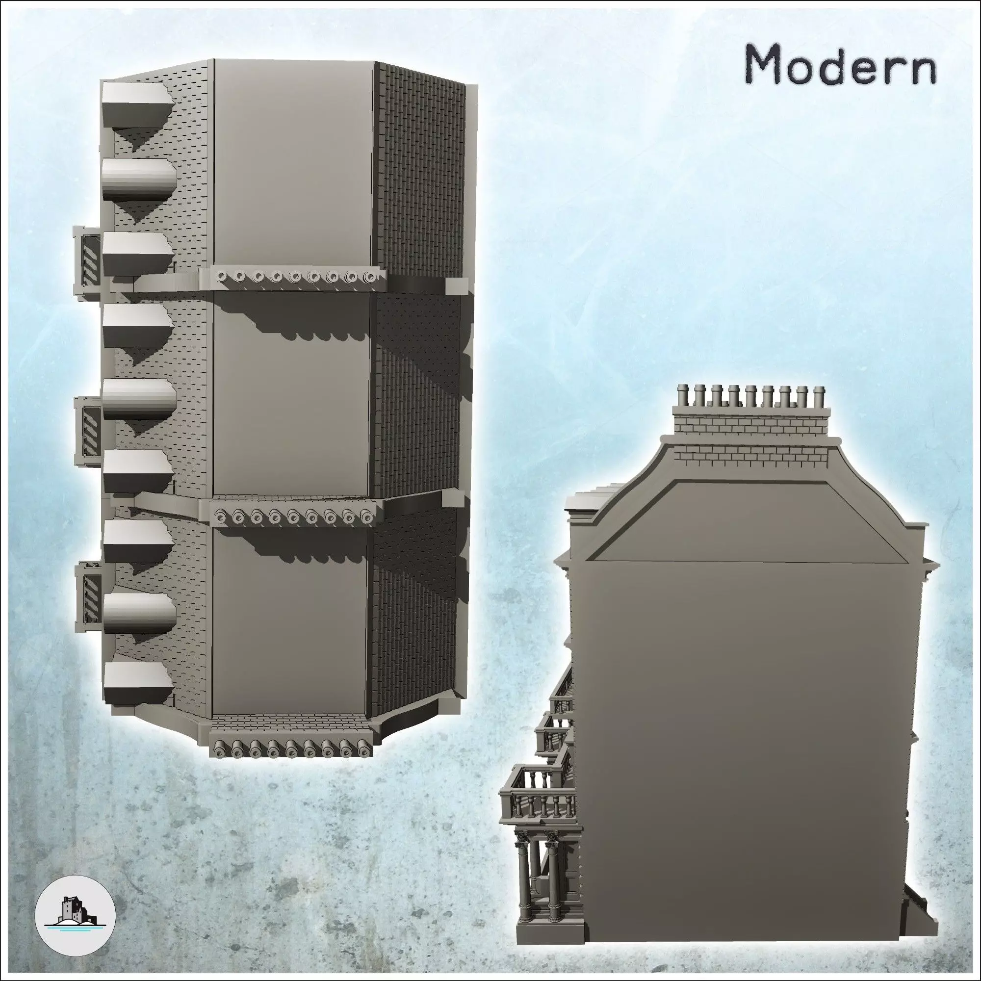 Large modern building with balcony and chimneys with low wall 30 3D print model_3