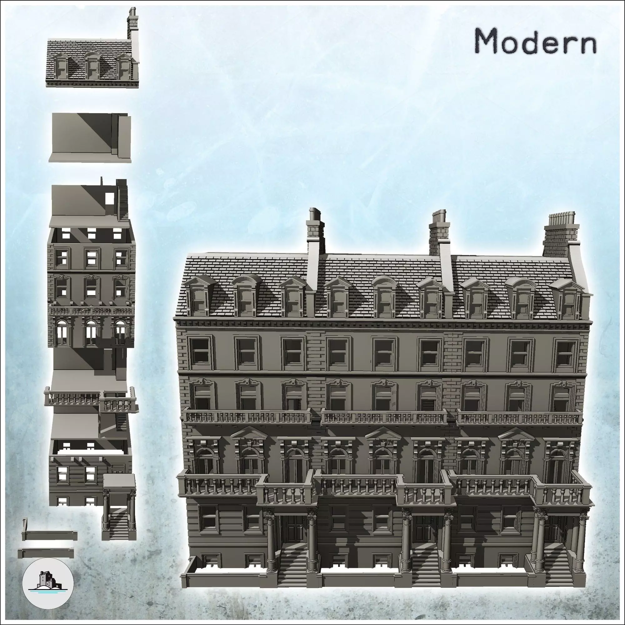 Large modern building with balcony and chimneys with low wall 30 3D print model_1