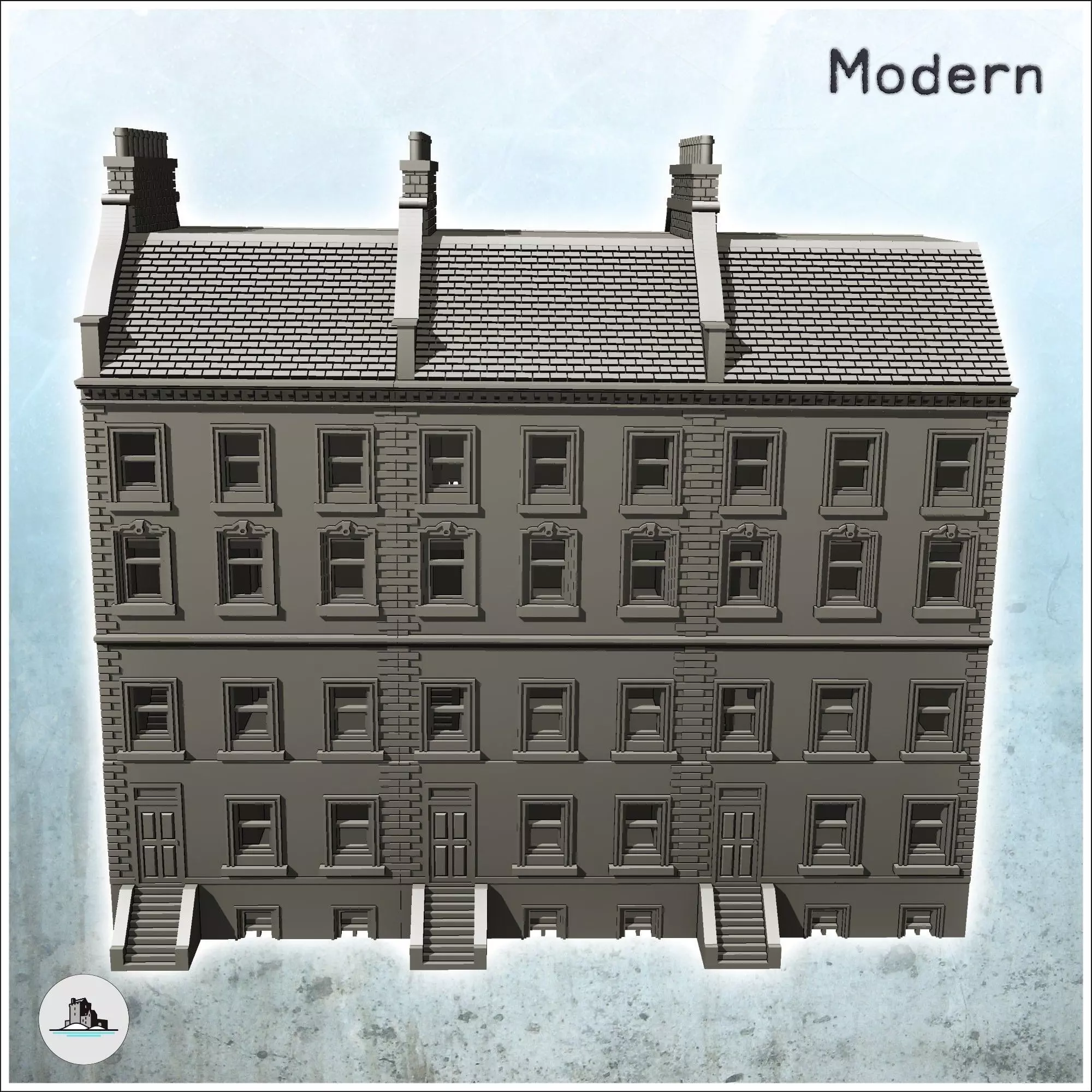 Large modern building with balcony and chimneys with low wall 30 3D print model_4