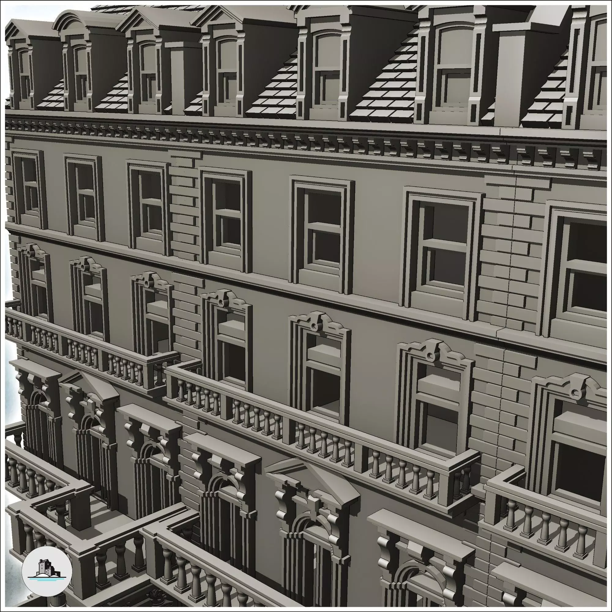 Large modern building with balcony and chimneys with low wall 30 3D print model_5