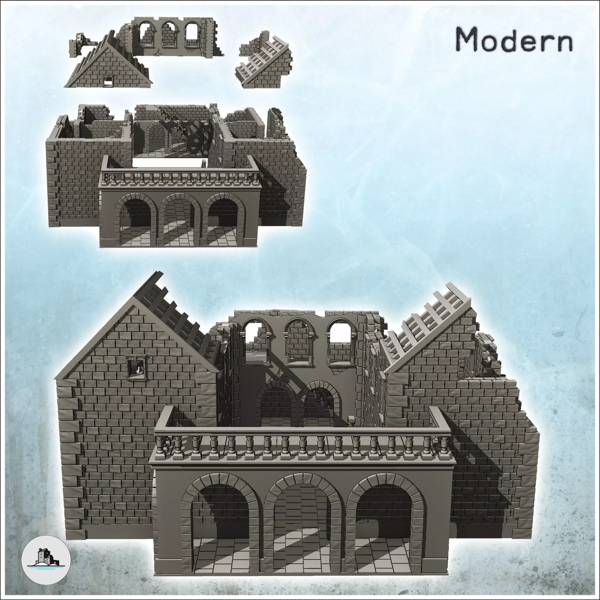 Ruined stone building with large balcony and frame 33 - Modern W 3D print model_1