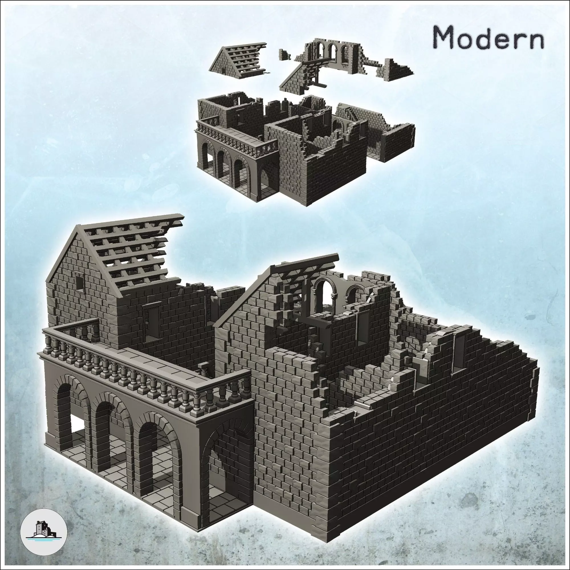 Ruined stone building with large balcony and frame 33 - Modern W 3D print model_0