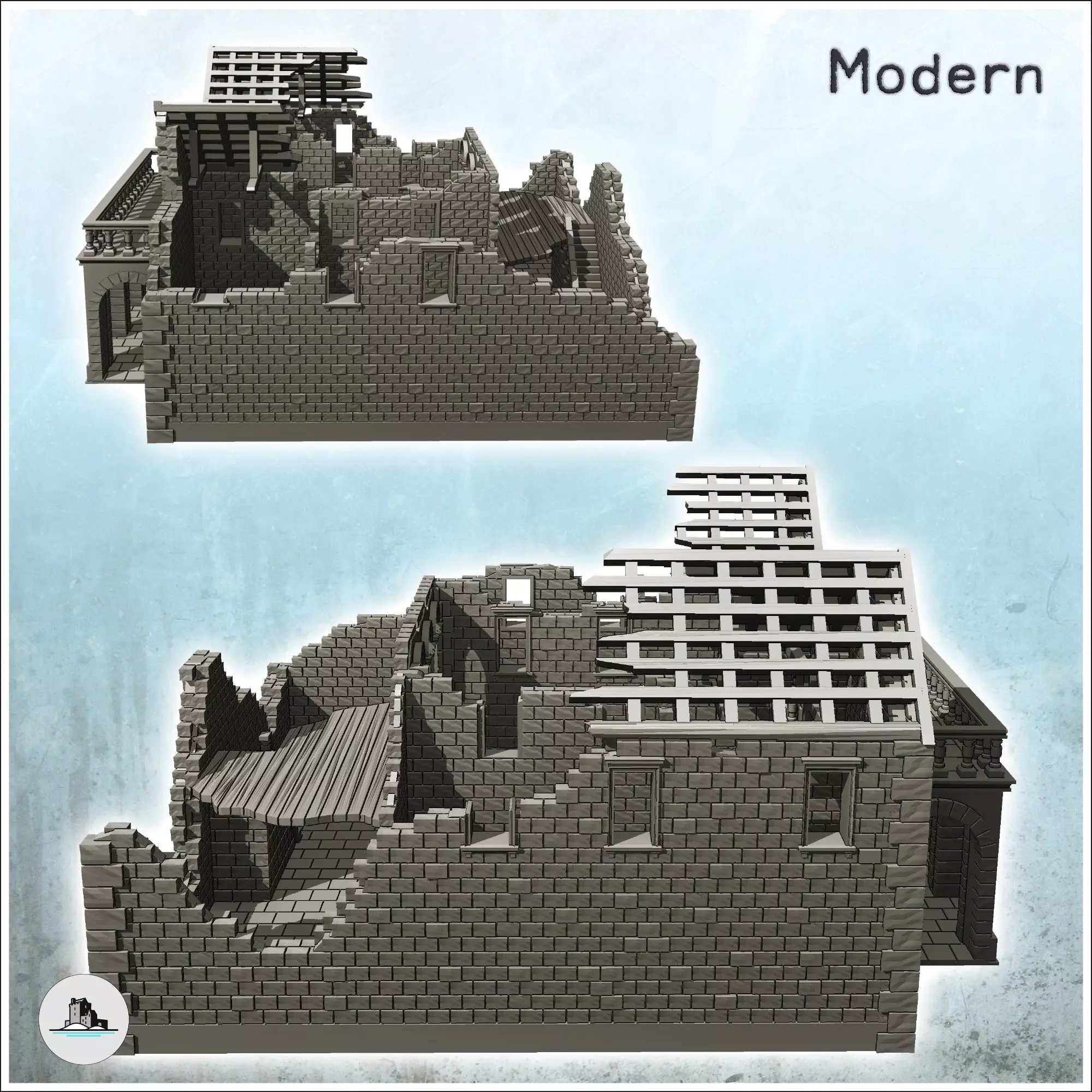 Ruined stone building with large balcony and frame 33 - Modern W 3D print model_2