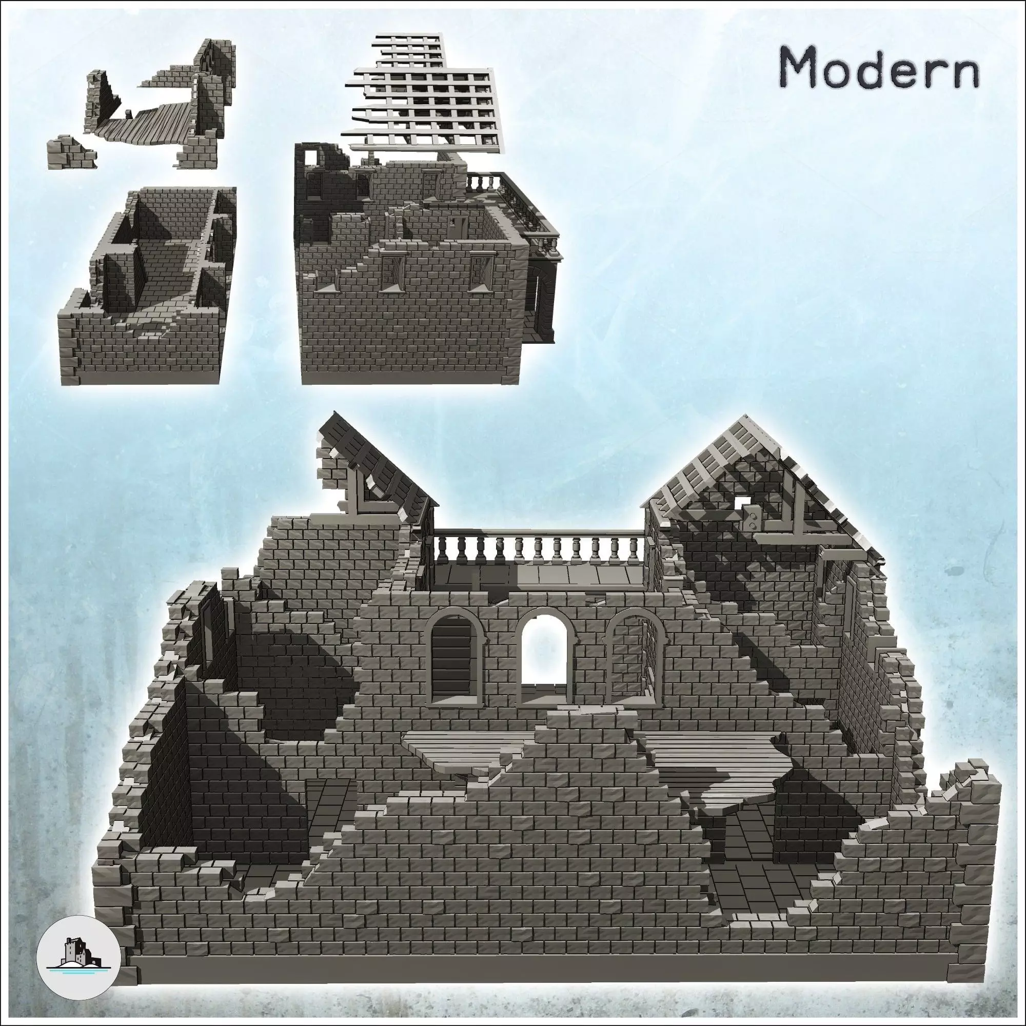 Ruined stone building with large balcony and frame 33 - Modern W 3D print model_3