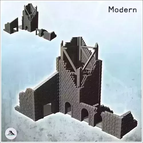 Ruined building with large tower with wooden frame and arches 37