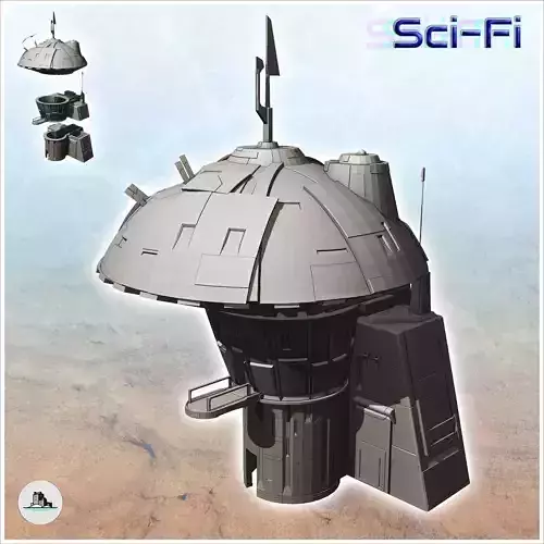 Large futuristic building with spherical roof and pontoon 1 - Fu