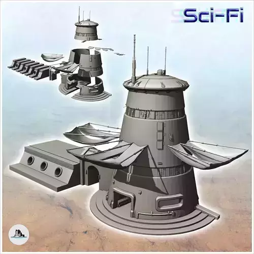 Round futuristic building with large hanging canvas canopy 2 - F