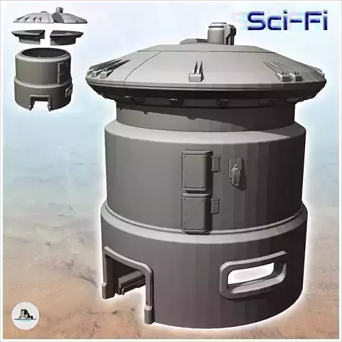 Futuristic tower with spherical roof with large ground floor win