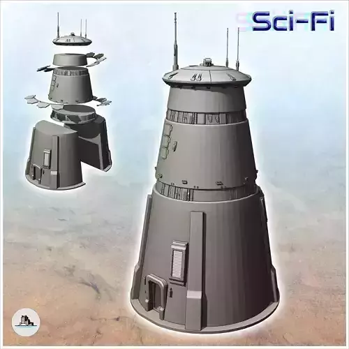 Futuristic round cone tower with roof antennas and air vents 4 -
