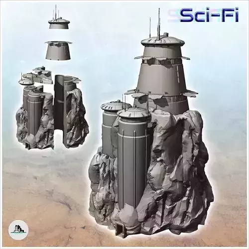 Large futuristic building built on rock with multiple round towe