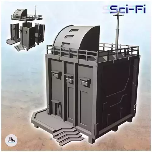 Futuristic command post with access staircase and rounded annex 
