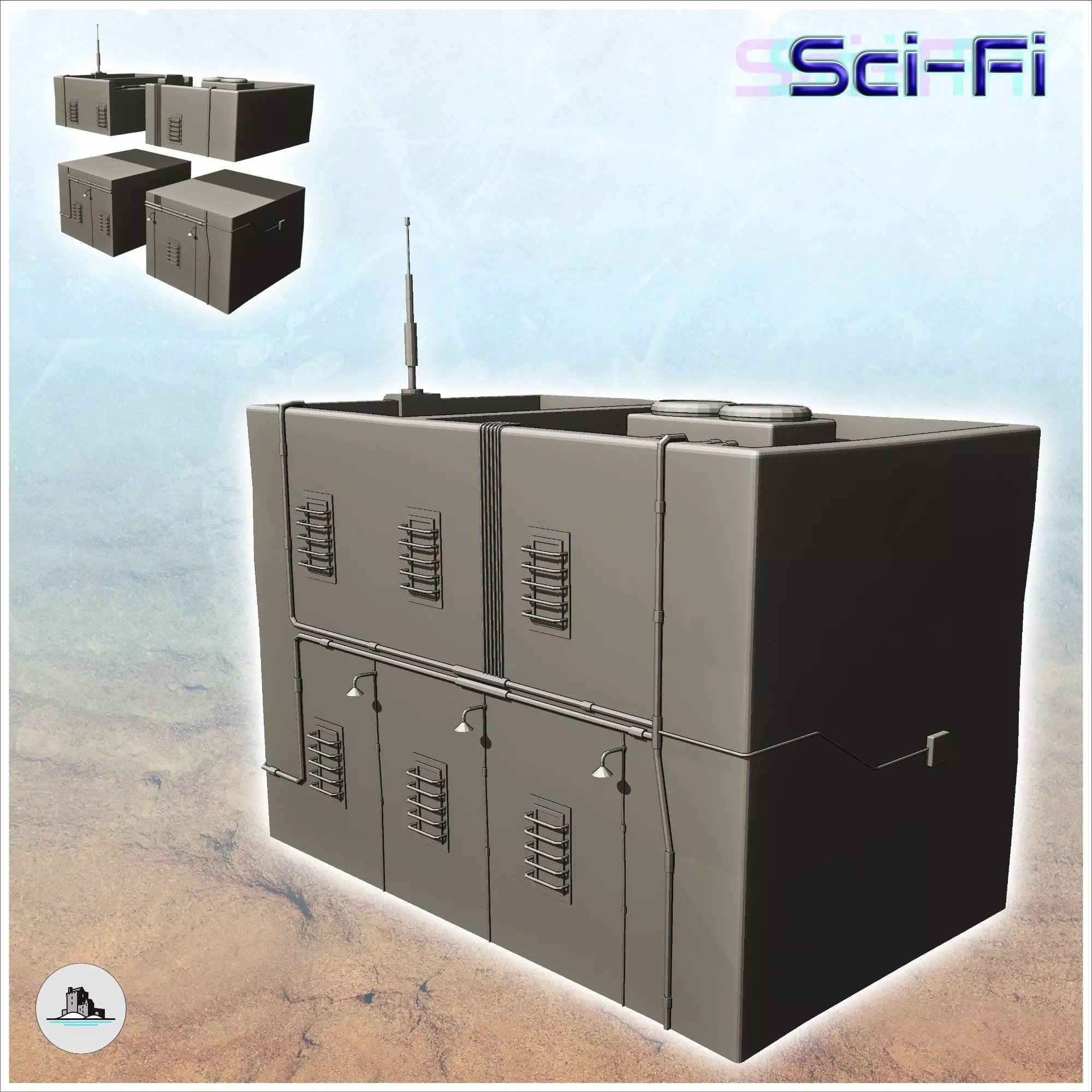 Futuristic building with window grilles and lampposts on the fac 3D print model_0