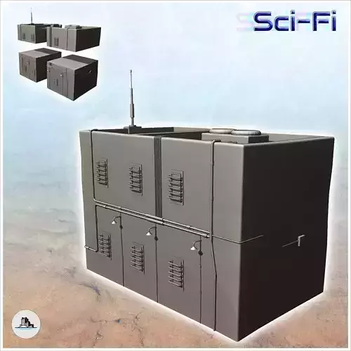 Futuristic building with window grilles and lampposts on the fac