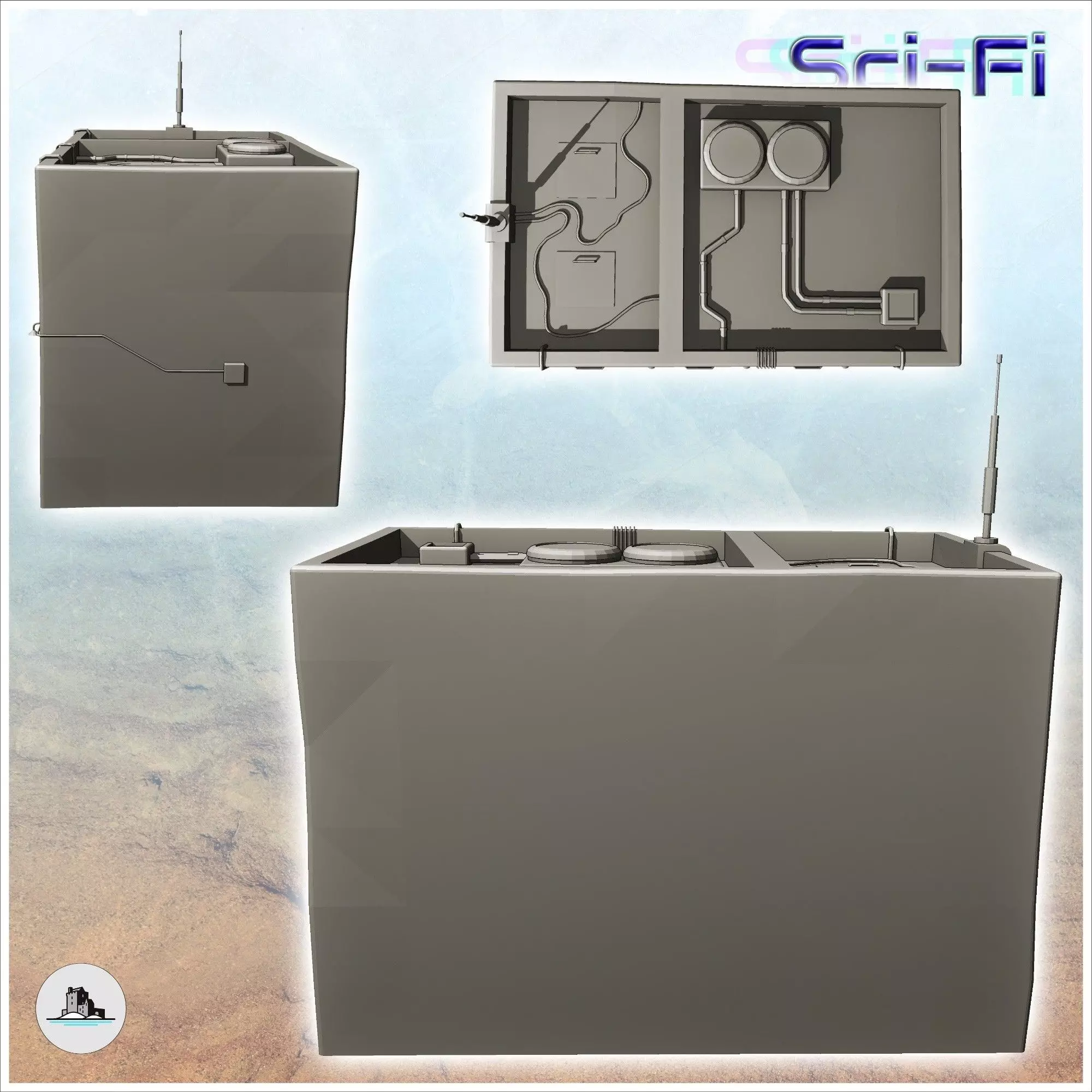 Futuristic building with window grilles and lampposts on the fac 3D print model_3