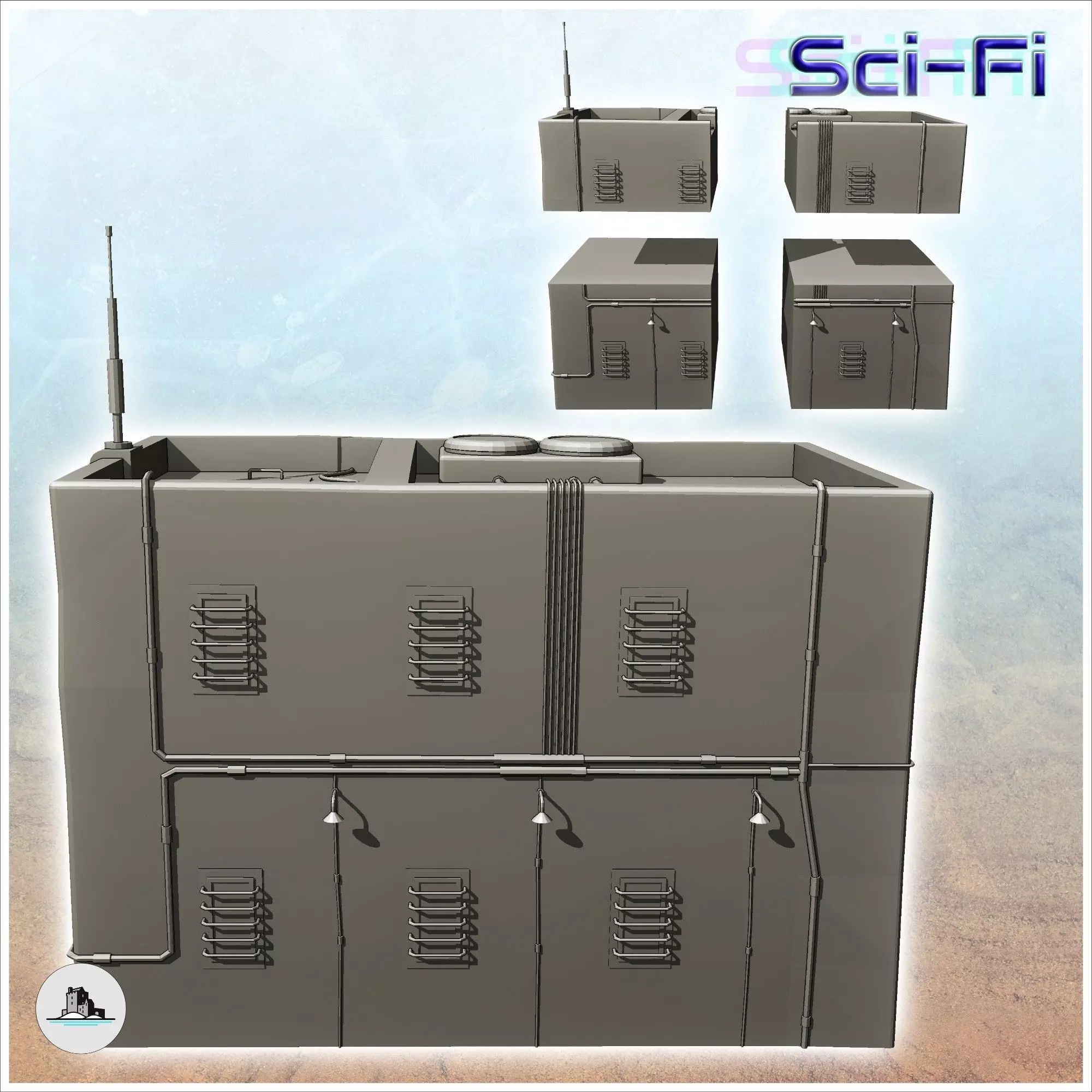 Futuristic building with window grilles and lampposts on the fac 3D print model_1