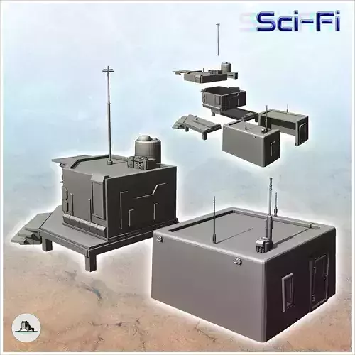 Set of two futuristic houses with flat roof and electronic doors