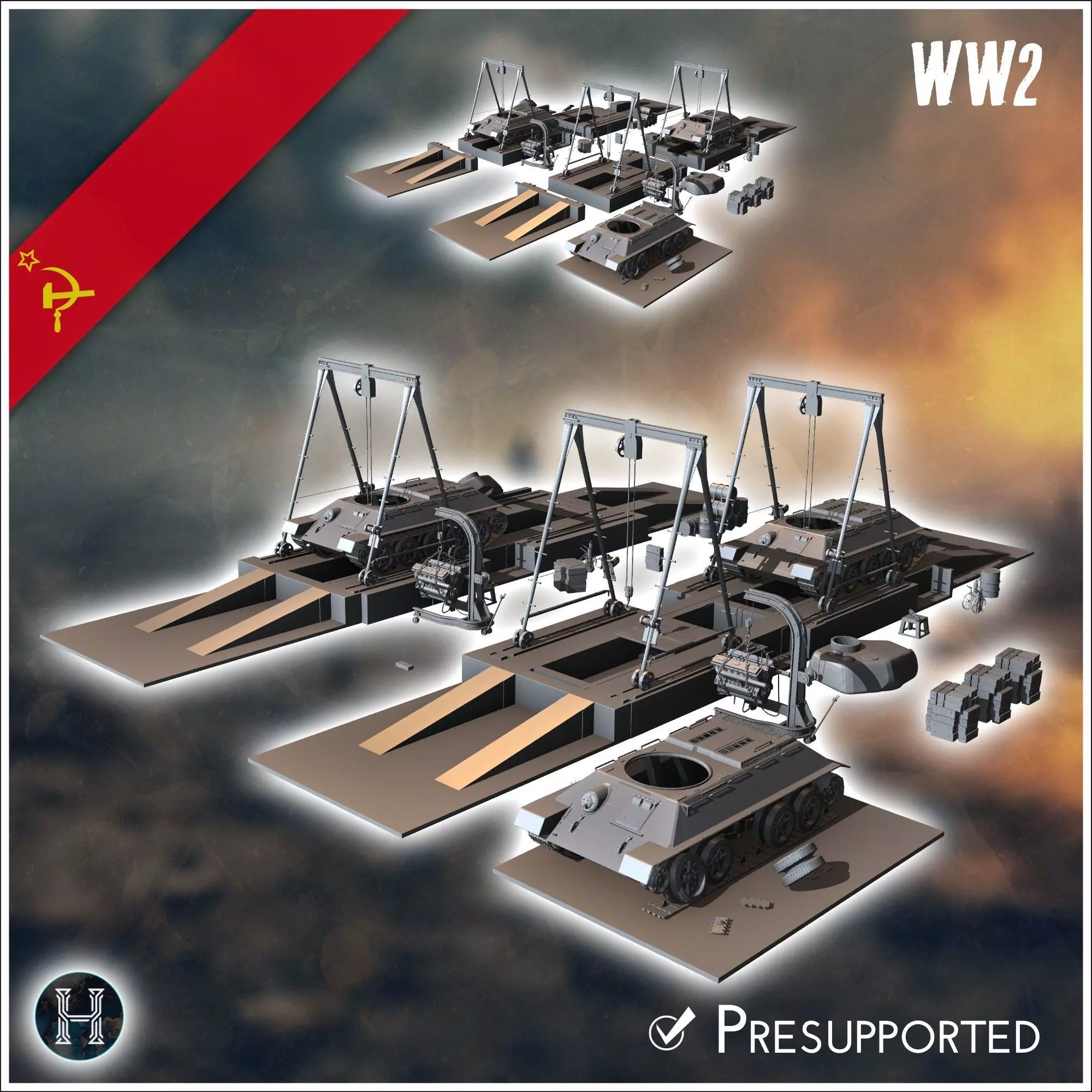 Assembly or repair lines of Soviet T-34 tanks with spare parts 3 3D print model_0