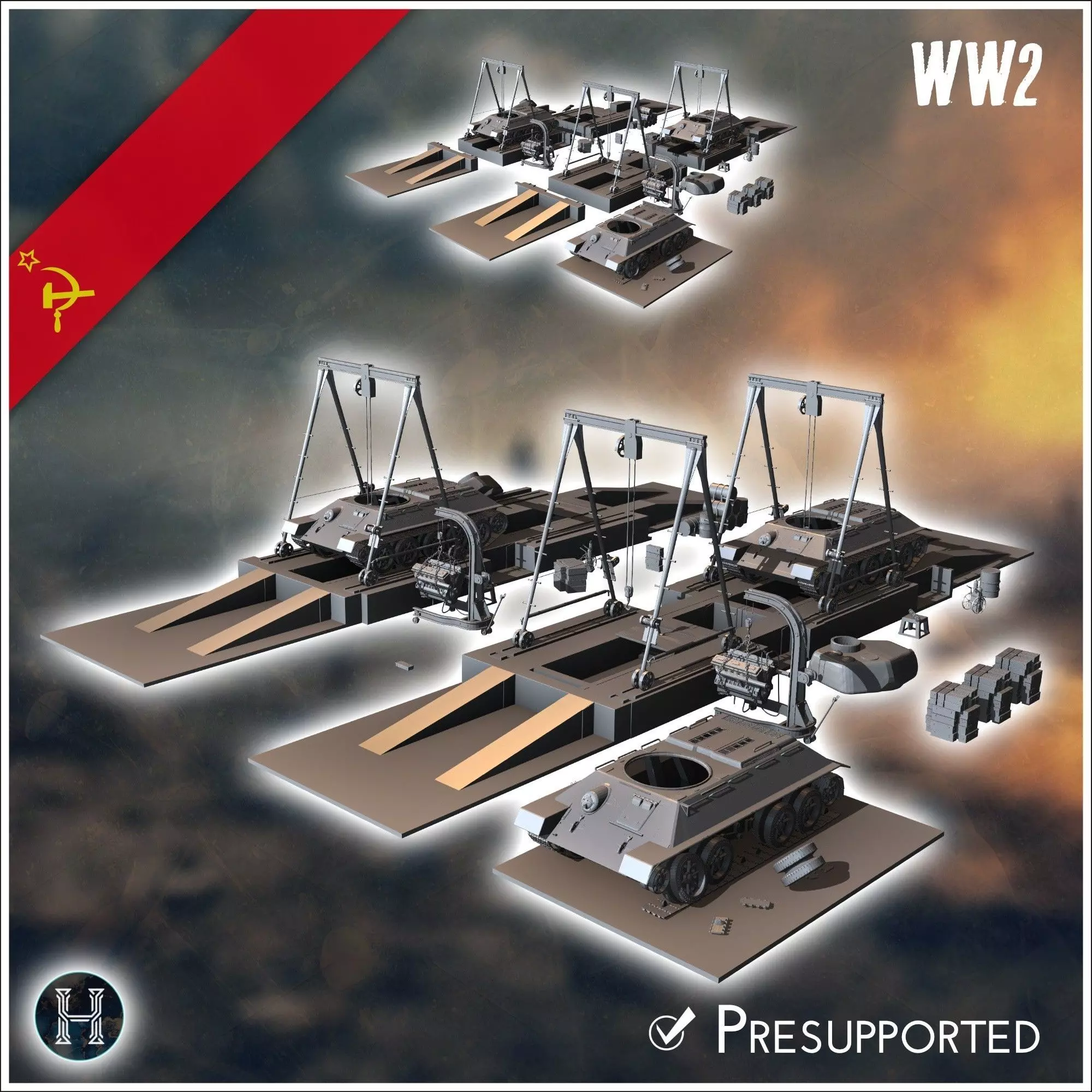 Assembly or repair lines of Soviet T-34 tanks with spare parts 3 3D print model_1