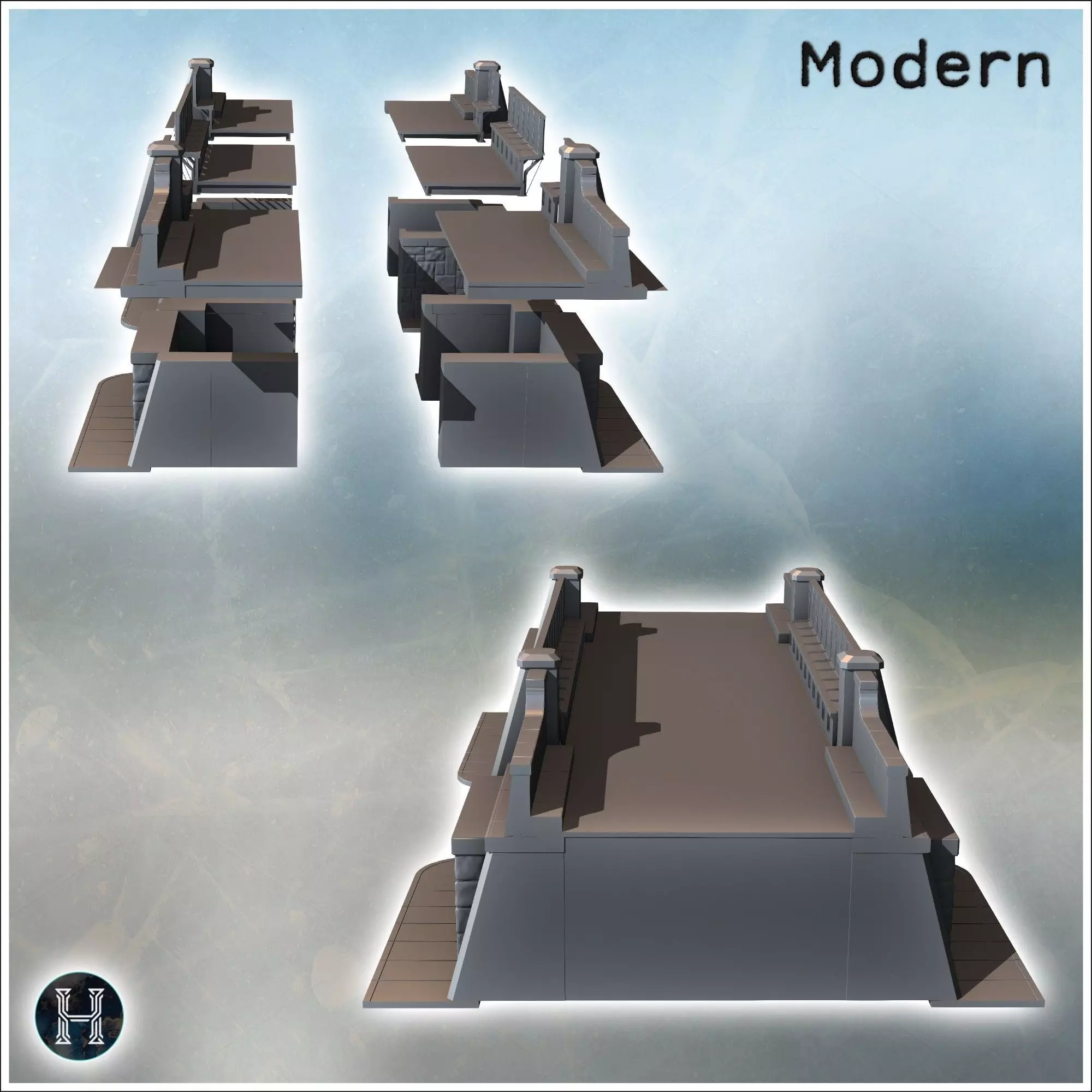 Road bridge with sidewalk guardrails and platform in cut stone 6 3D print model_5