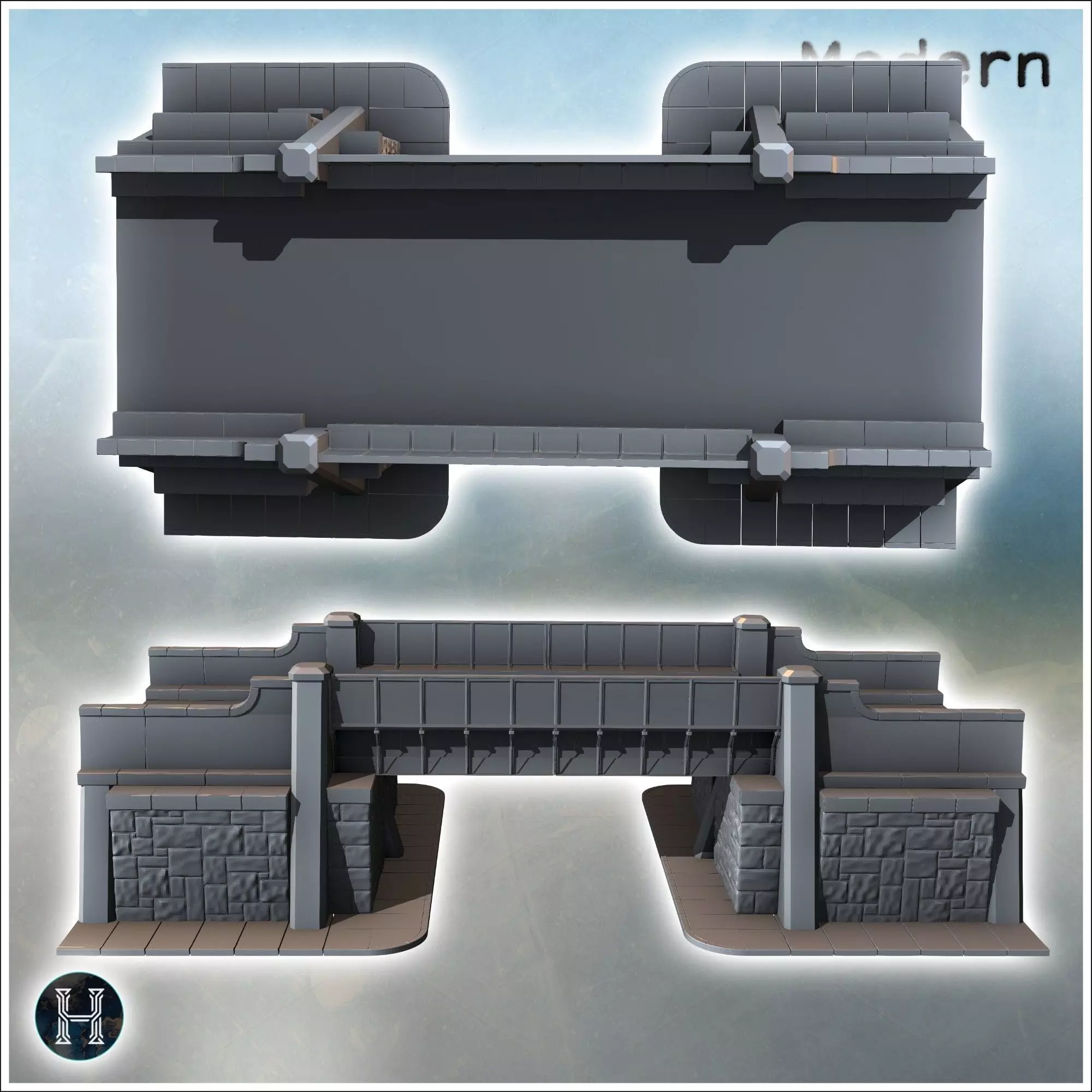 Road bridge with sidewalk guardrails and platform in cut stone 6 3D print model_7