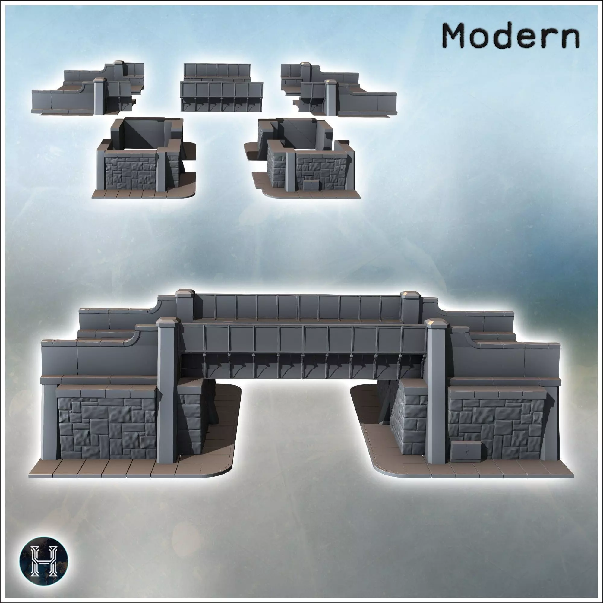 Road bridge with sidewalk guardrails and platform in cut stone 6 3D print model_2