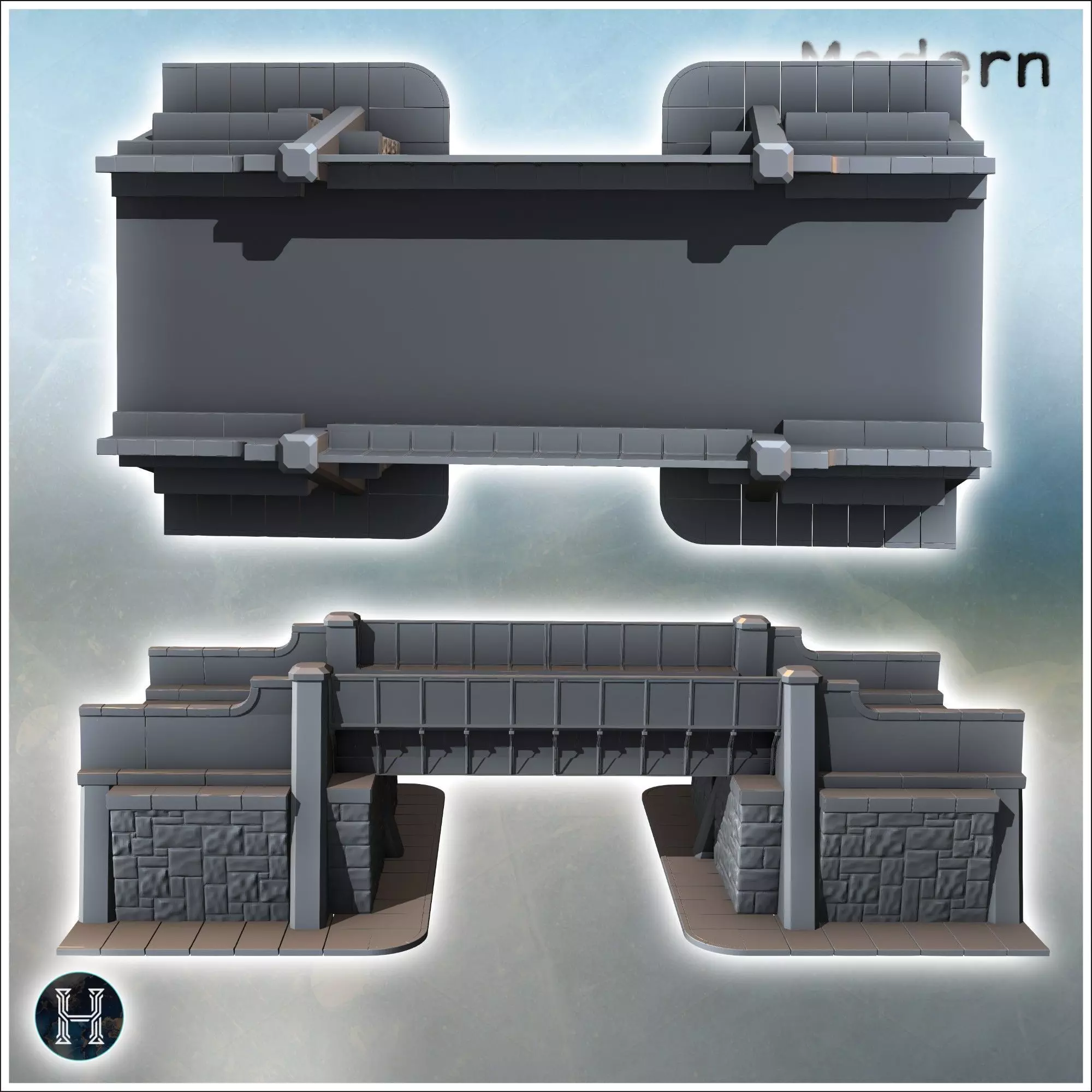 Road bridge with sidewalk guardrails and platform in cut stone 6 3D print model_6