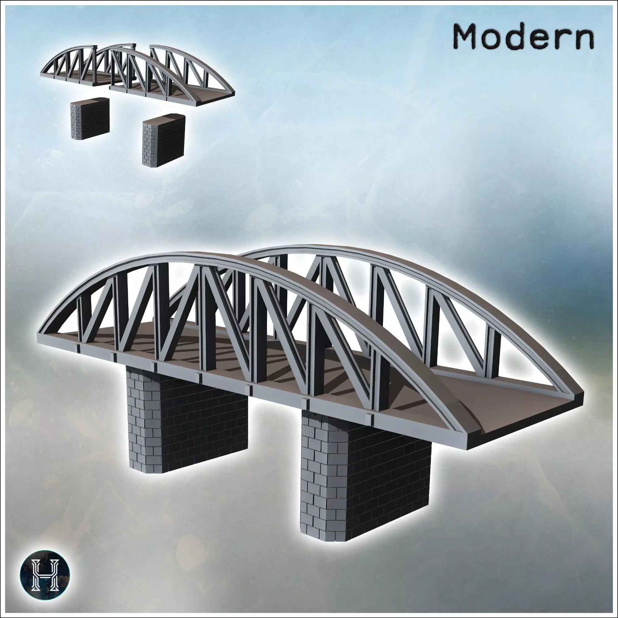 Suspension bridge in steel with double brick pillars 8 - Modern  3D print model_0