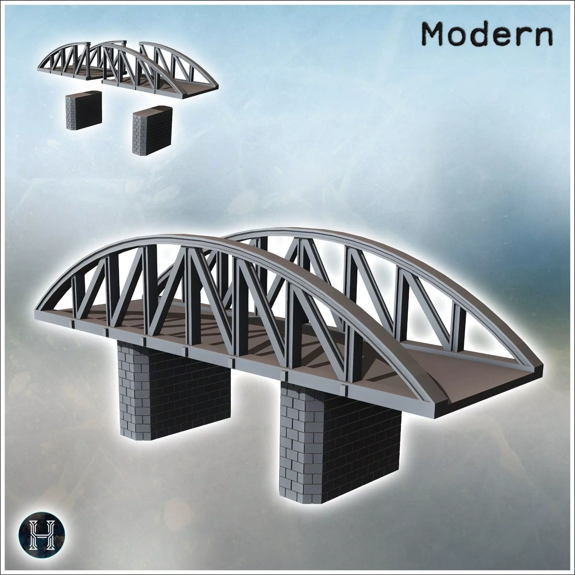 Suspension bridge in steel with double brick pillars 8 - Modern  3D print model_1