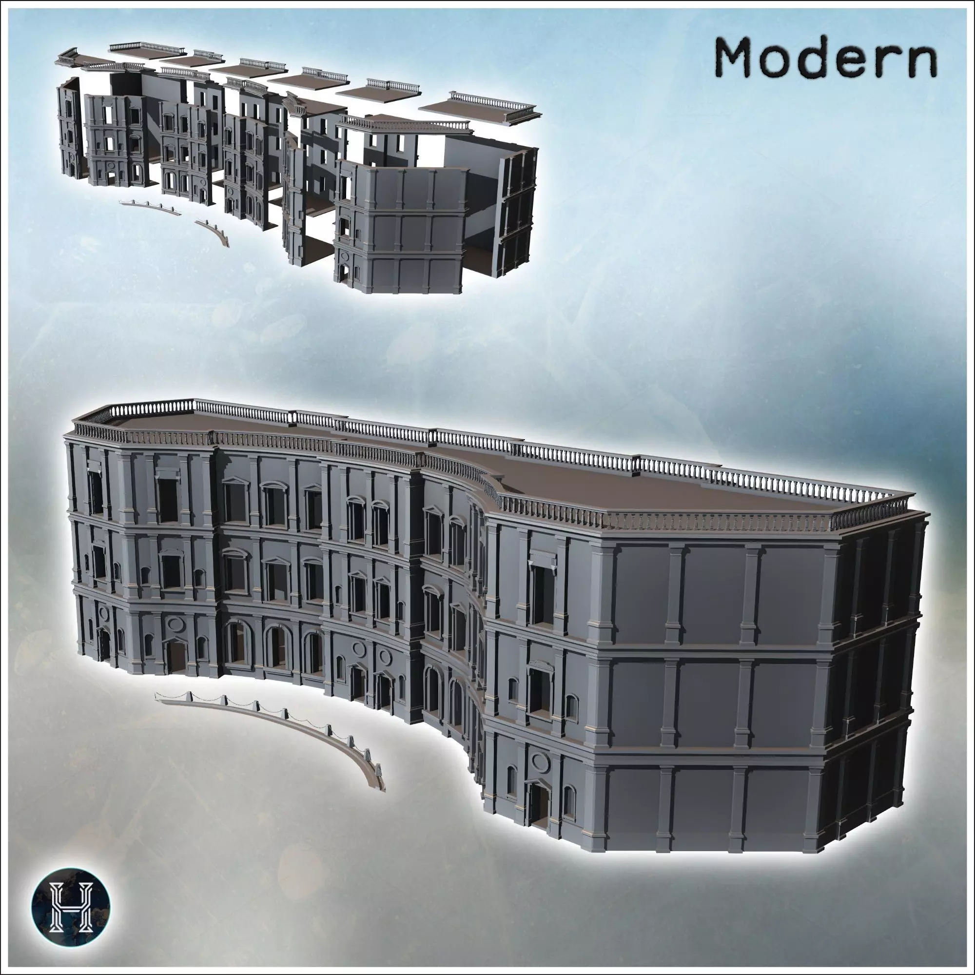 Large baroque palace with flat roof with railing and concave cen 3D print model_0