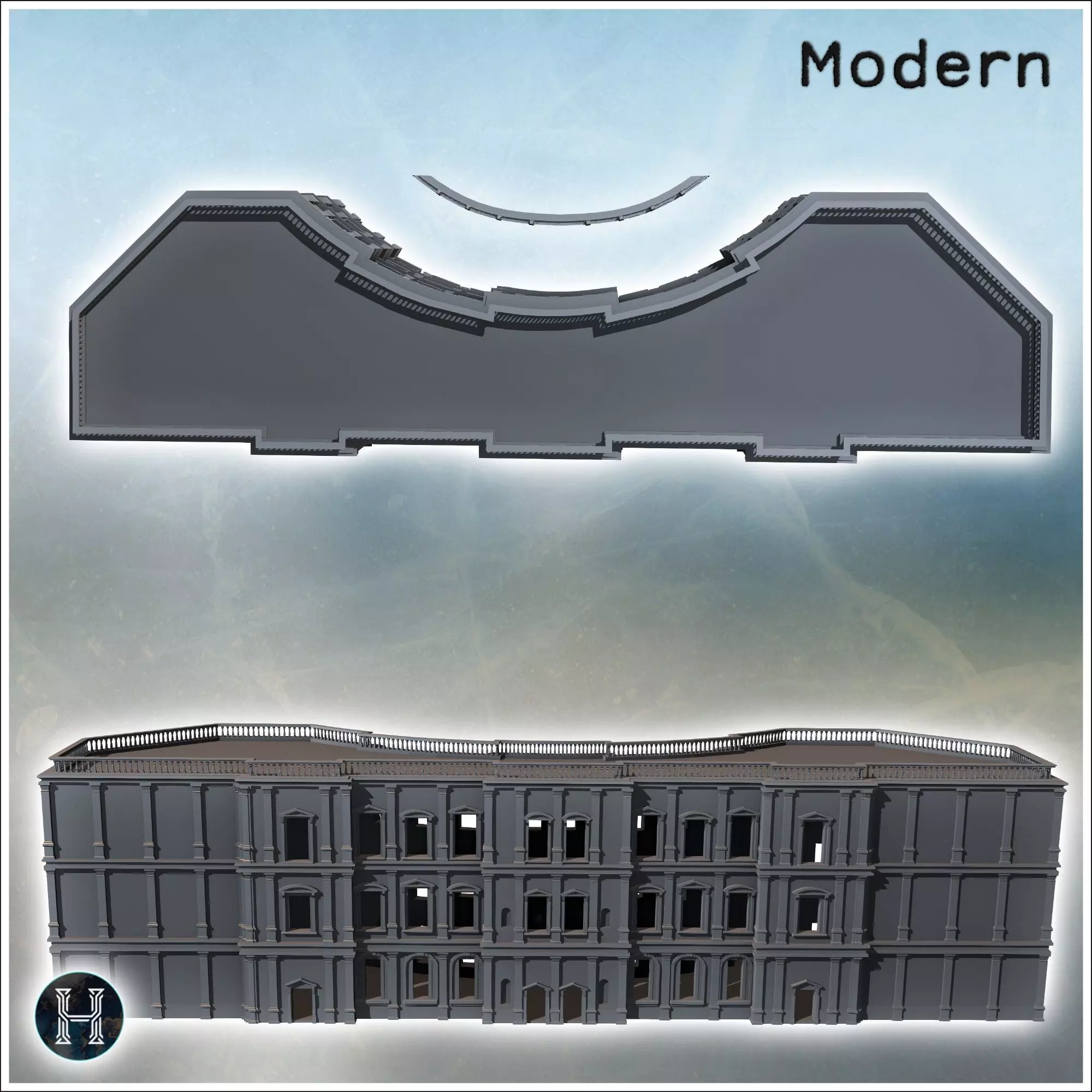 Large baroque palace with flat roof with railing and concave cen 3D print model_6