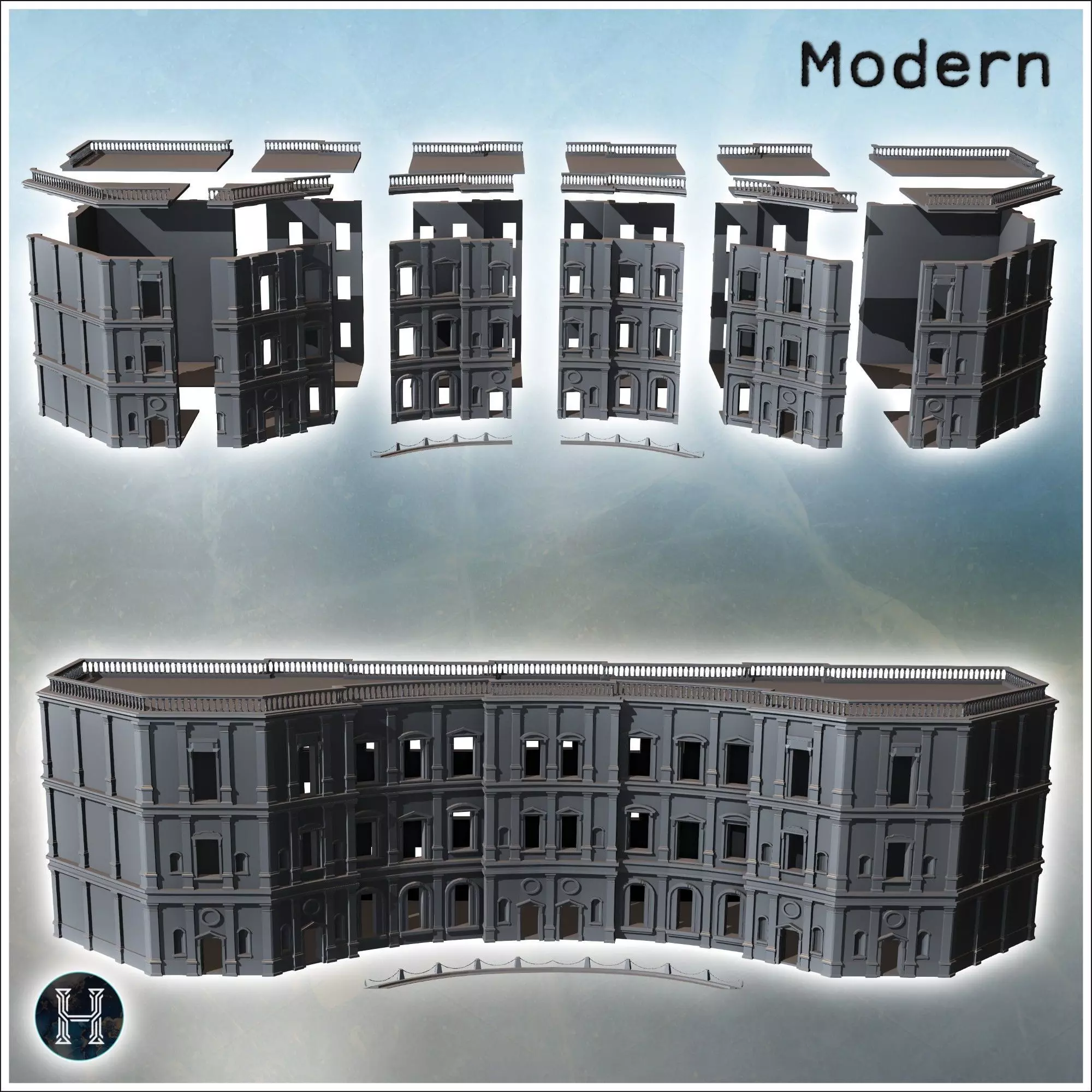 Large baroque palace with flat roof with railing and concave cen 3D print model_2