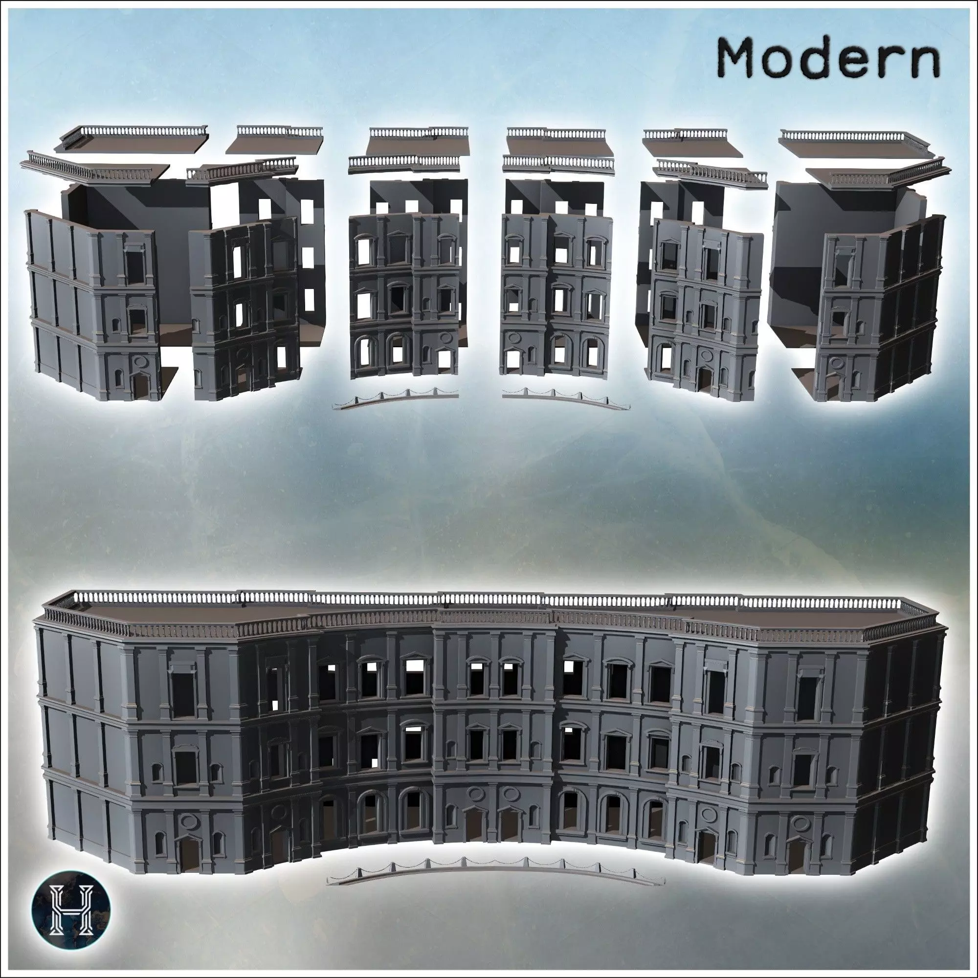 Large baroque palace with flat roof with railing and concave cen 3D print model_3