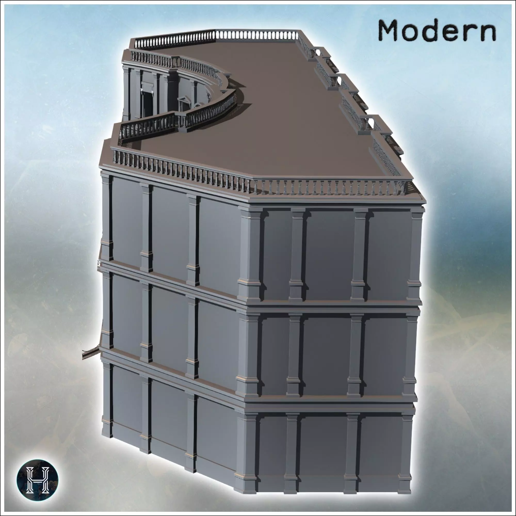 Large baroque palace with flat roof with railing and concave cen 3D print model_9